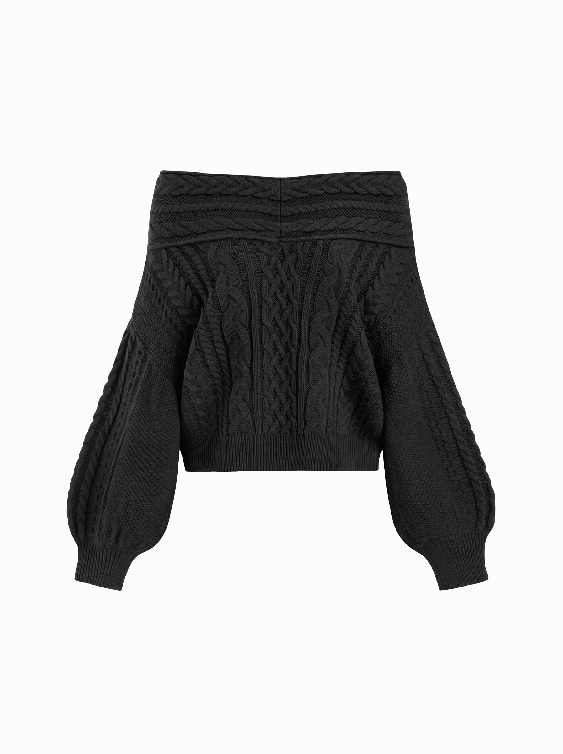 Cable Knit Off-shoulder Lantern Sleeve Oversized Top — Black