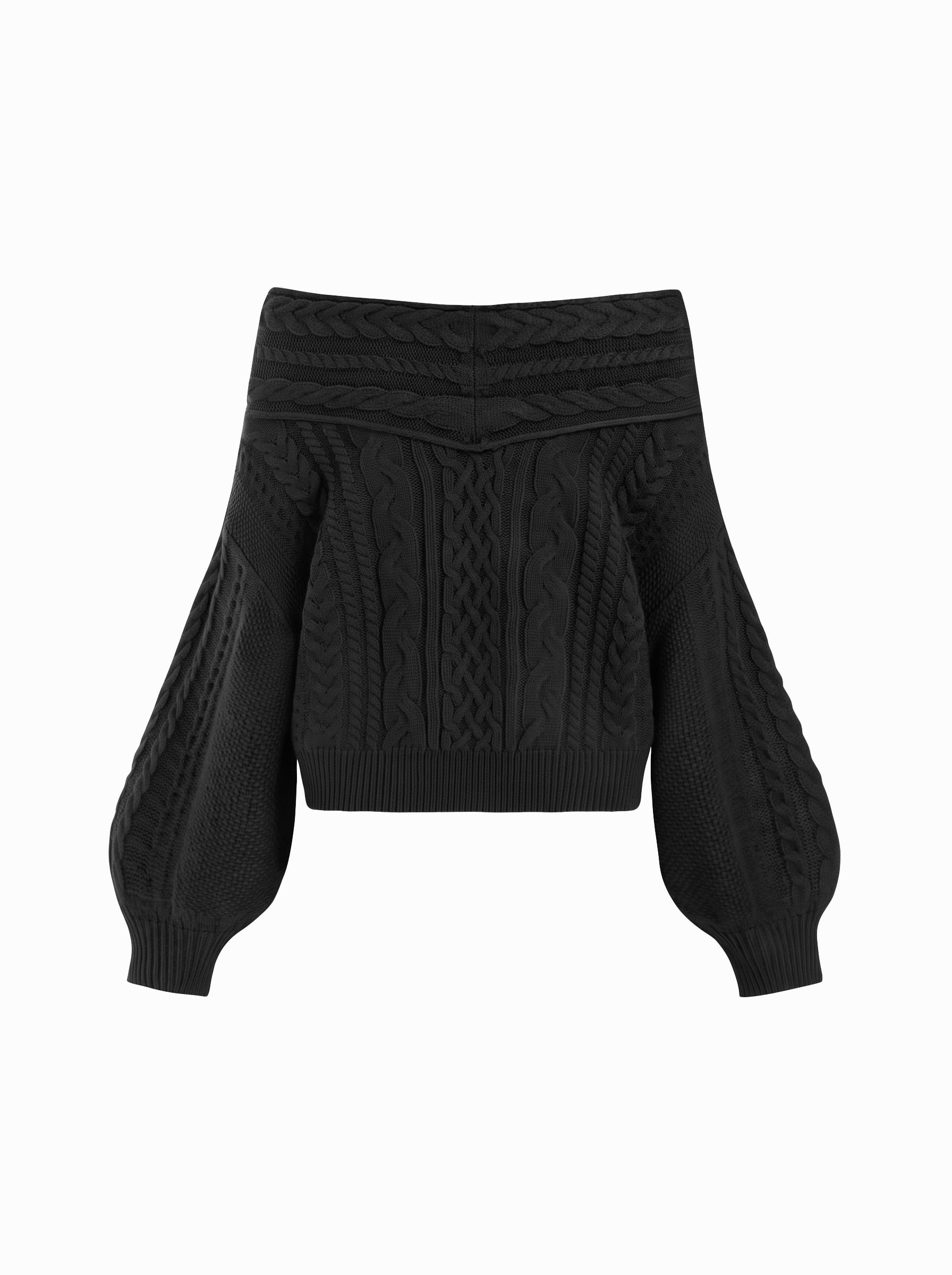 Cable Knit Off-shoulder Lantern Sleeve Oversized Top — Black