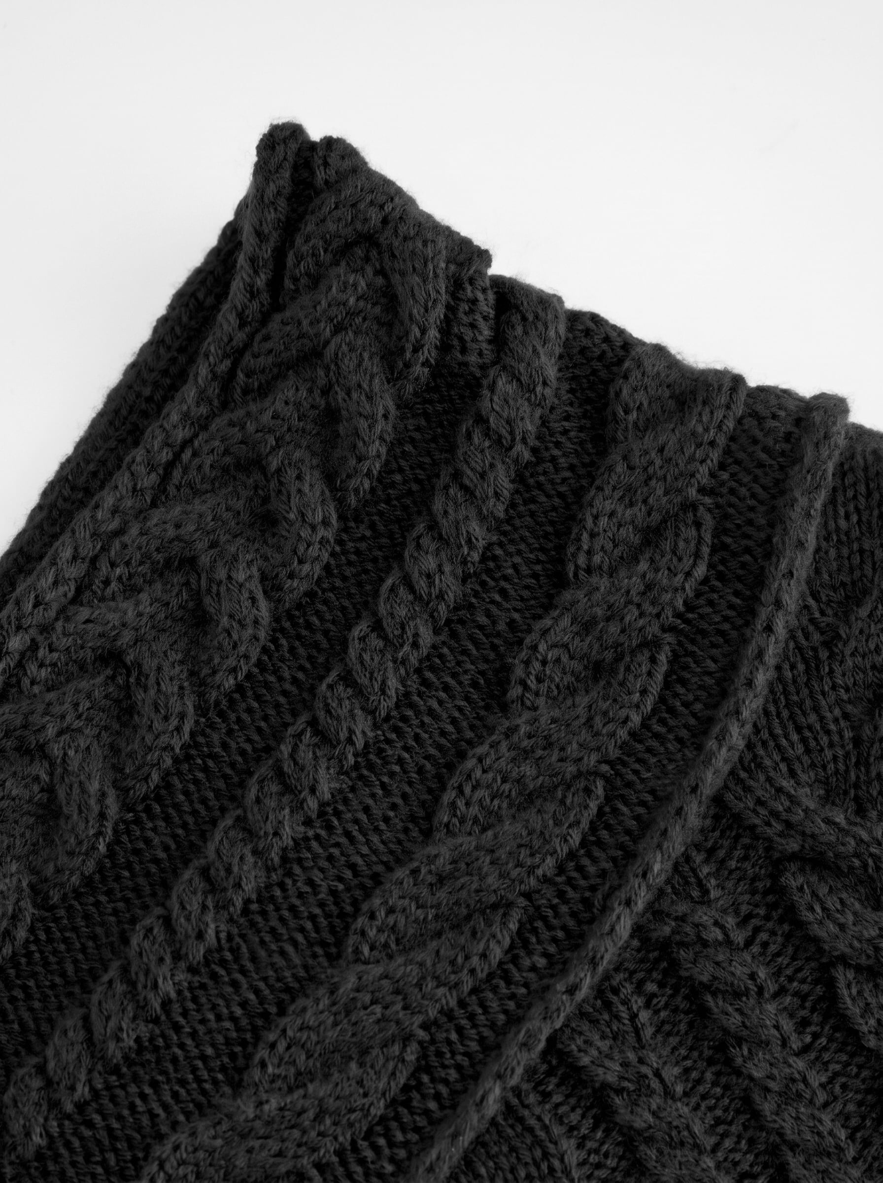 Cable Knit Off-shoulder Lantern Sleeve Oversized Top — Black
