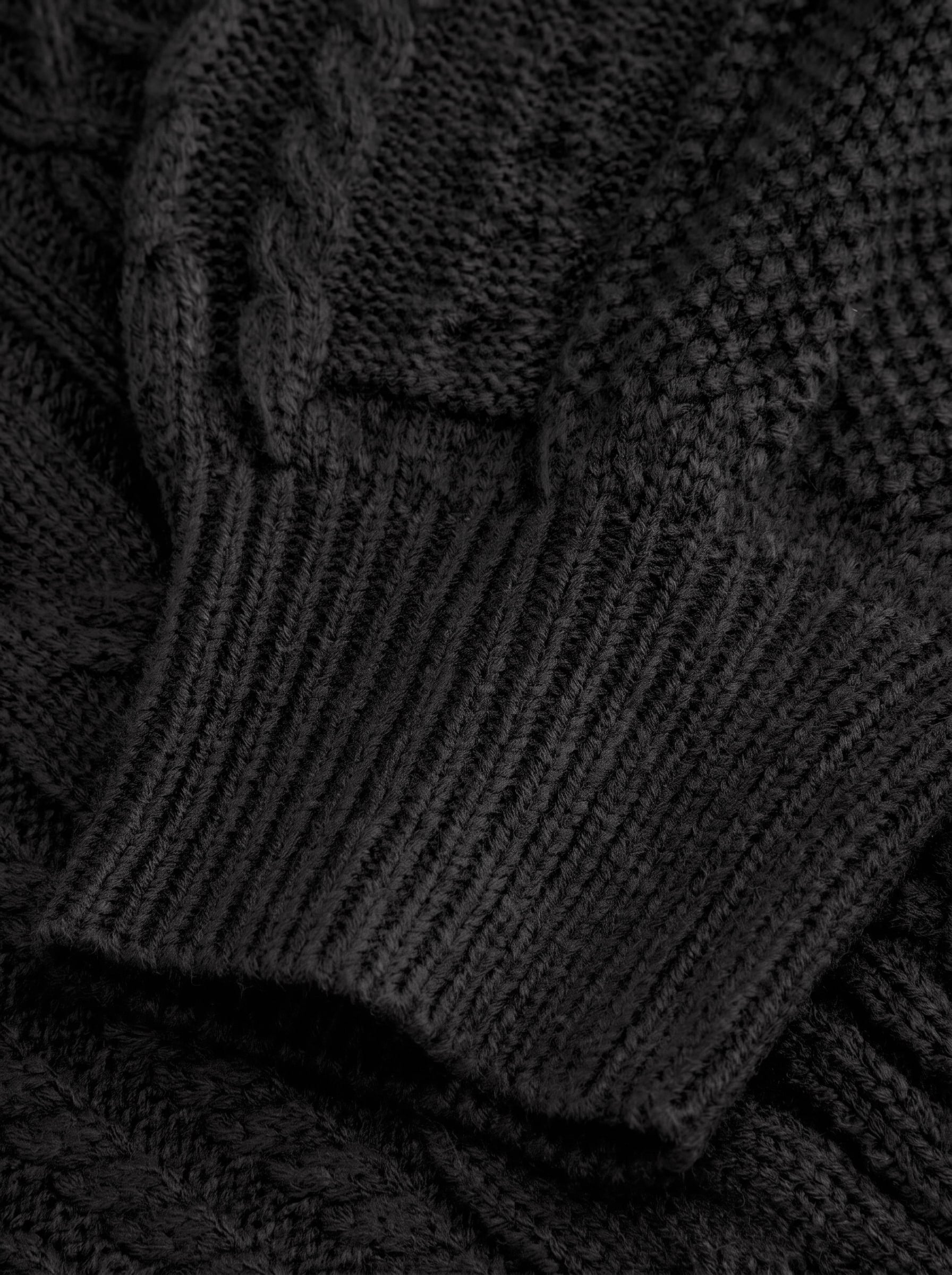 Cable Knit Off-shoulder Lantern Sleeve Oversized Top — Black