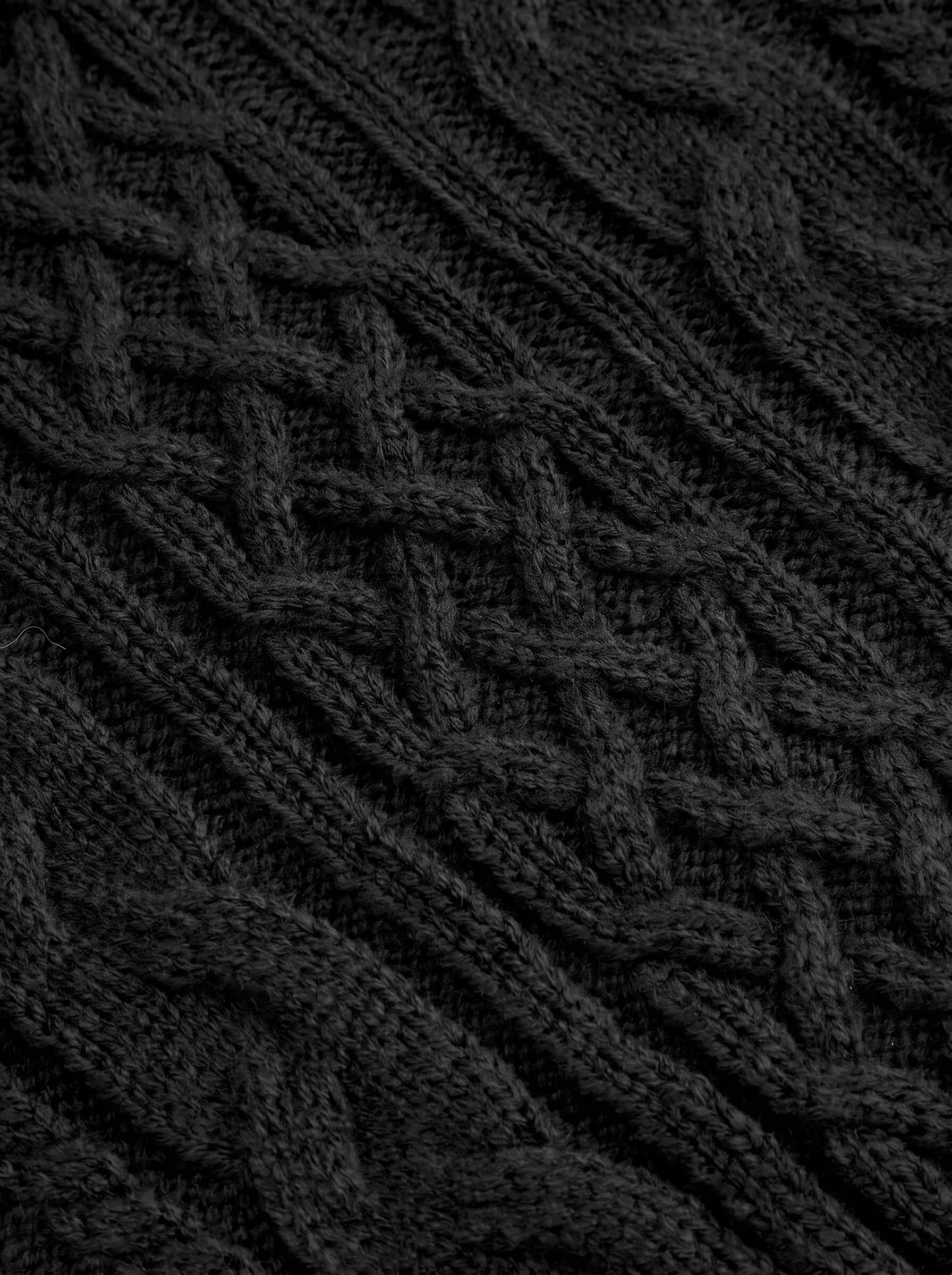Cable Knit Off-shoulder Lantern Sleeve Oversized Top — Black