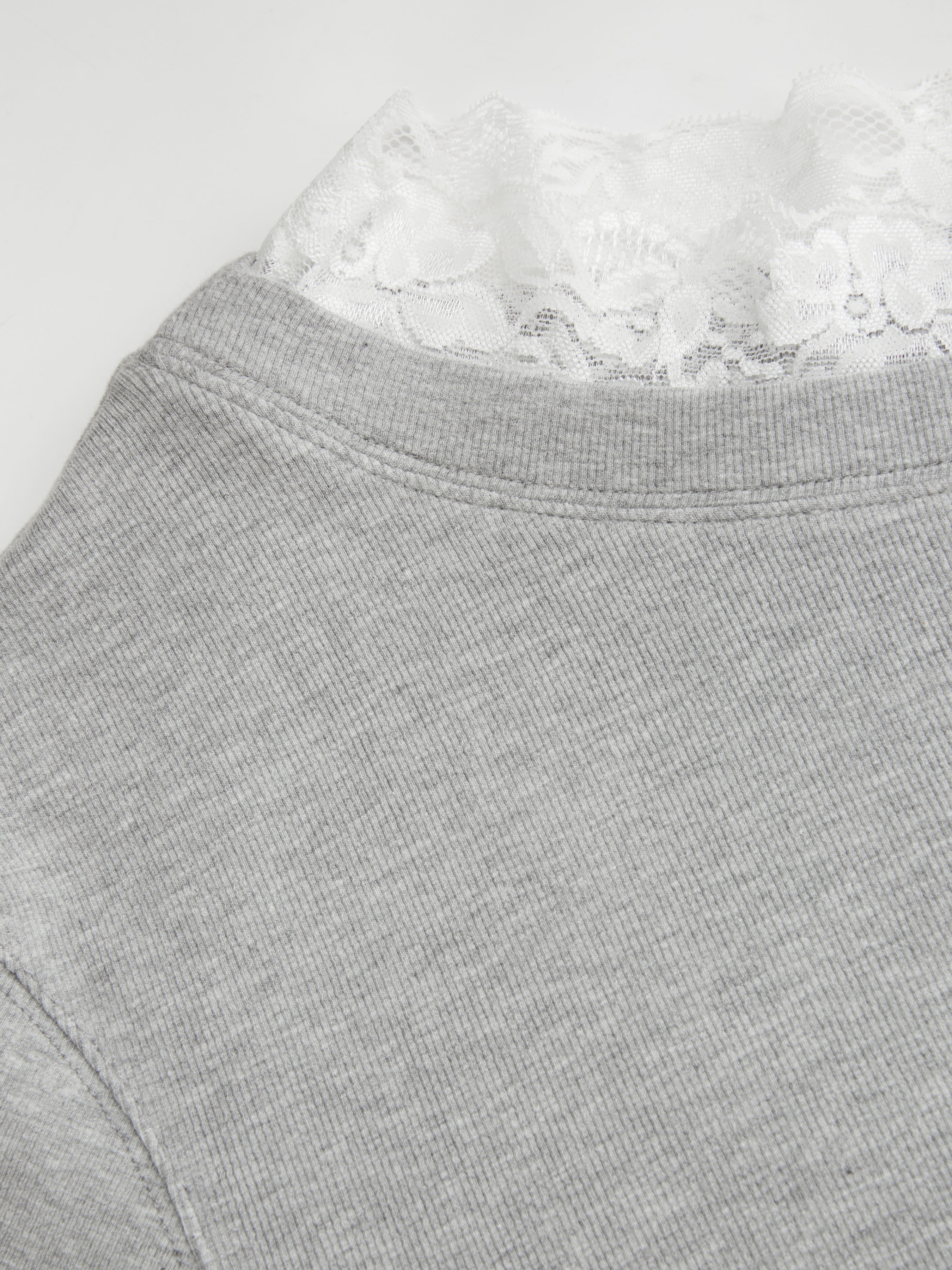 Cotton-blend Off-shoulder Lace Trim Lantern Sleeve Oversized Longline Sweatshirt — Light Grey