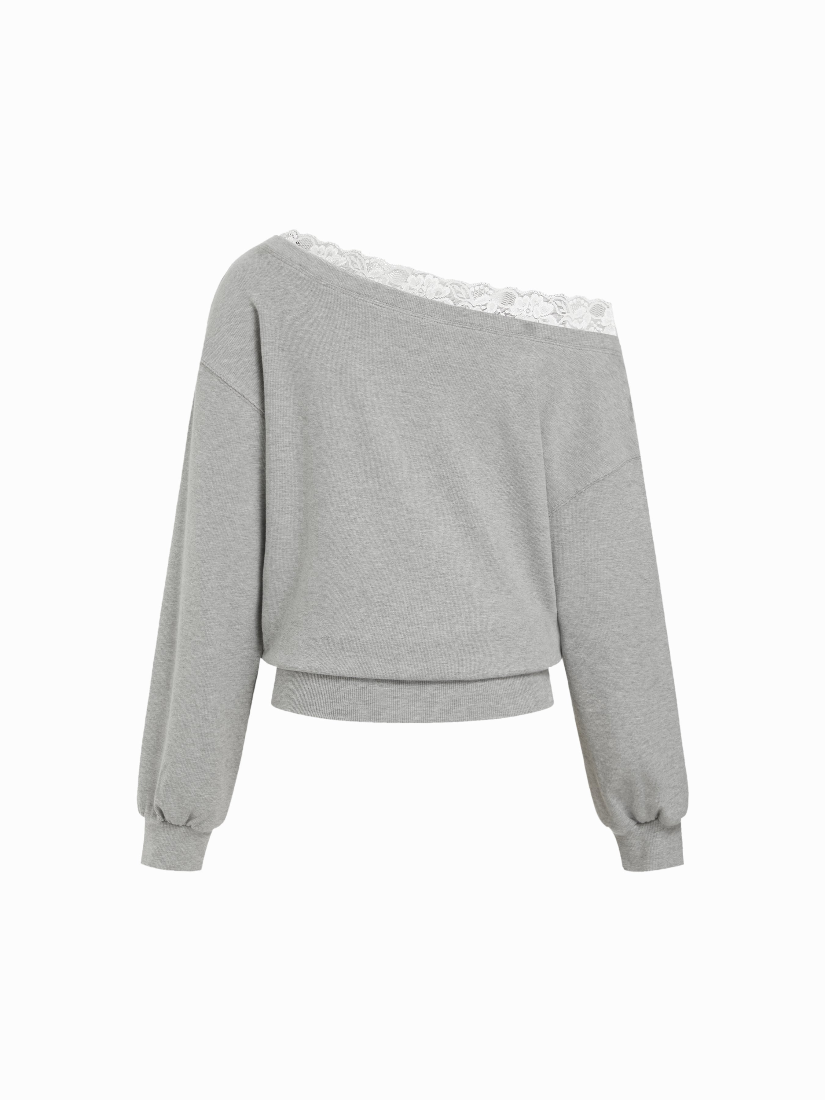 Cotton-blend Off-shoulder Lace Trim Lantern Sleeve Oversized Longline Sweatshirt — Light Grey