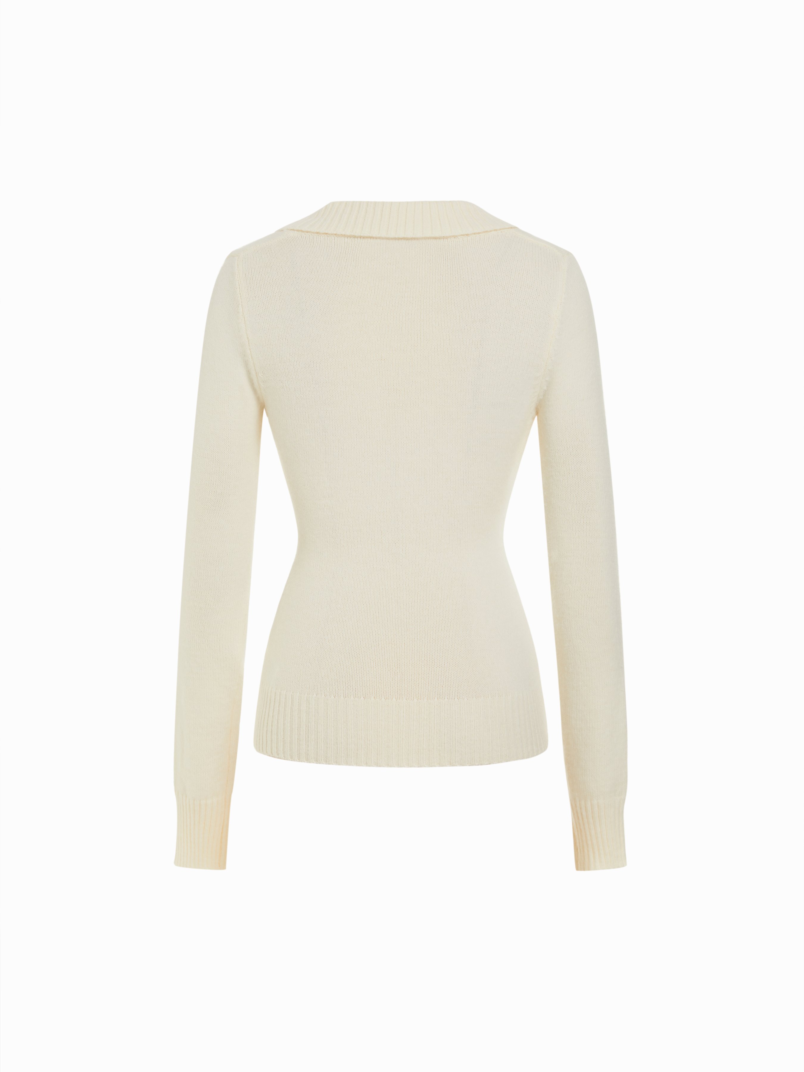 Knit Shawl V-neck Collar Button Detail Sweater — Cream
