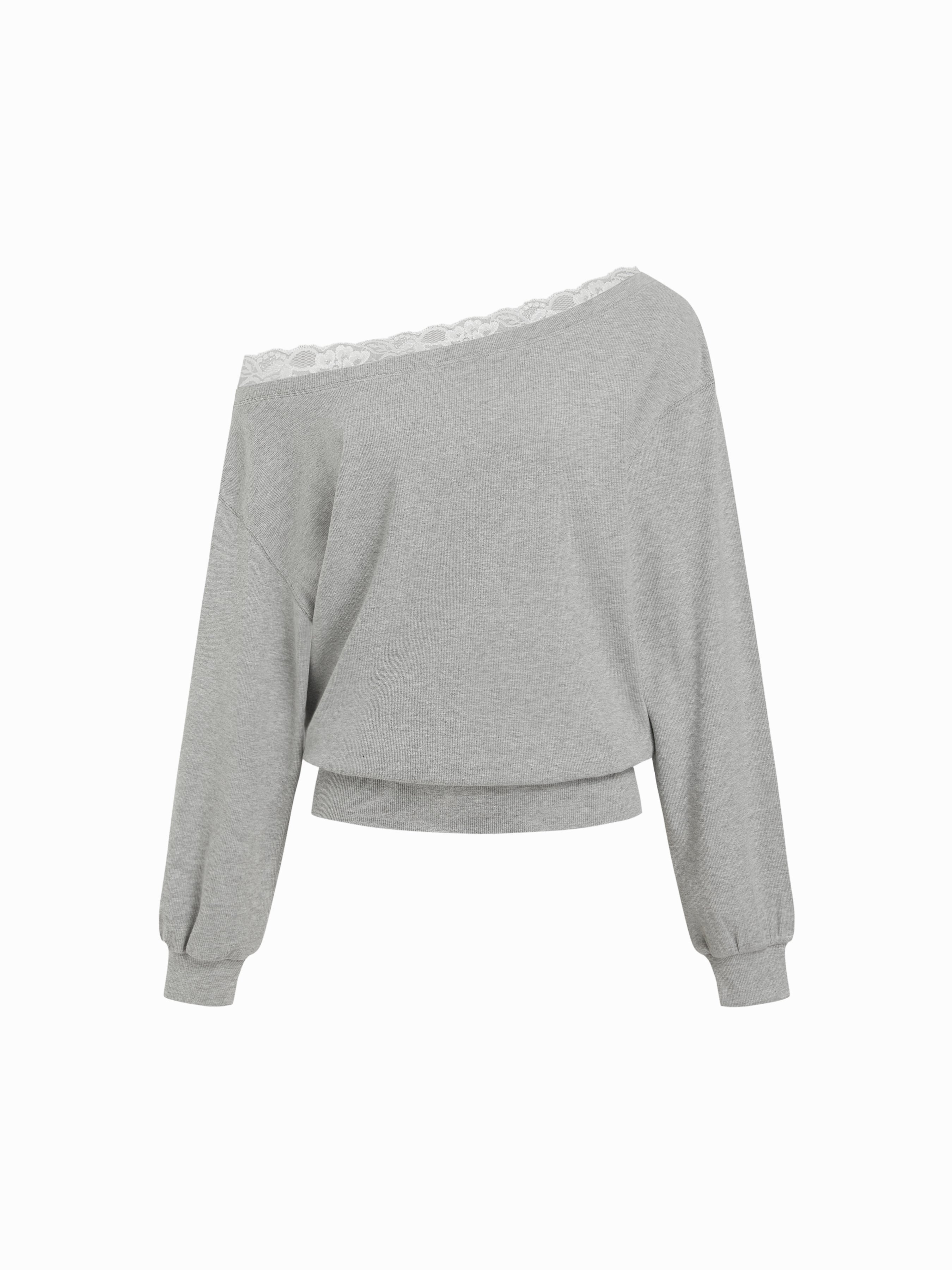 Cotton-blend Off-shoulder Lace Trim Lantern Sleeve Oversized Longline Sweatshirt — Light Grey