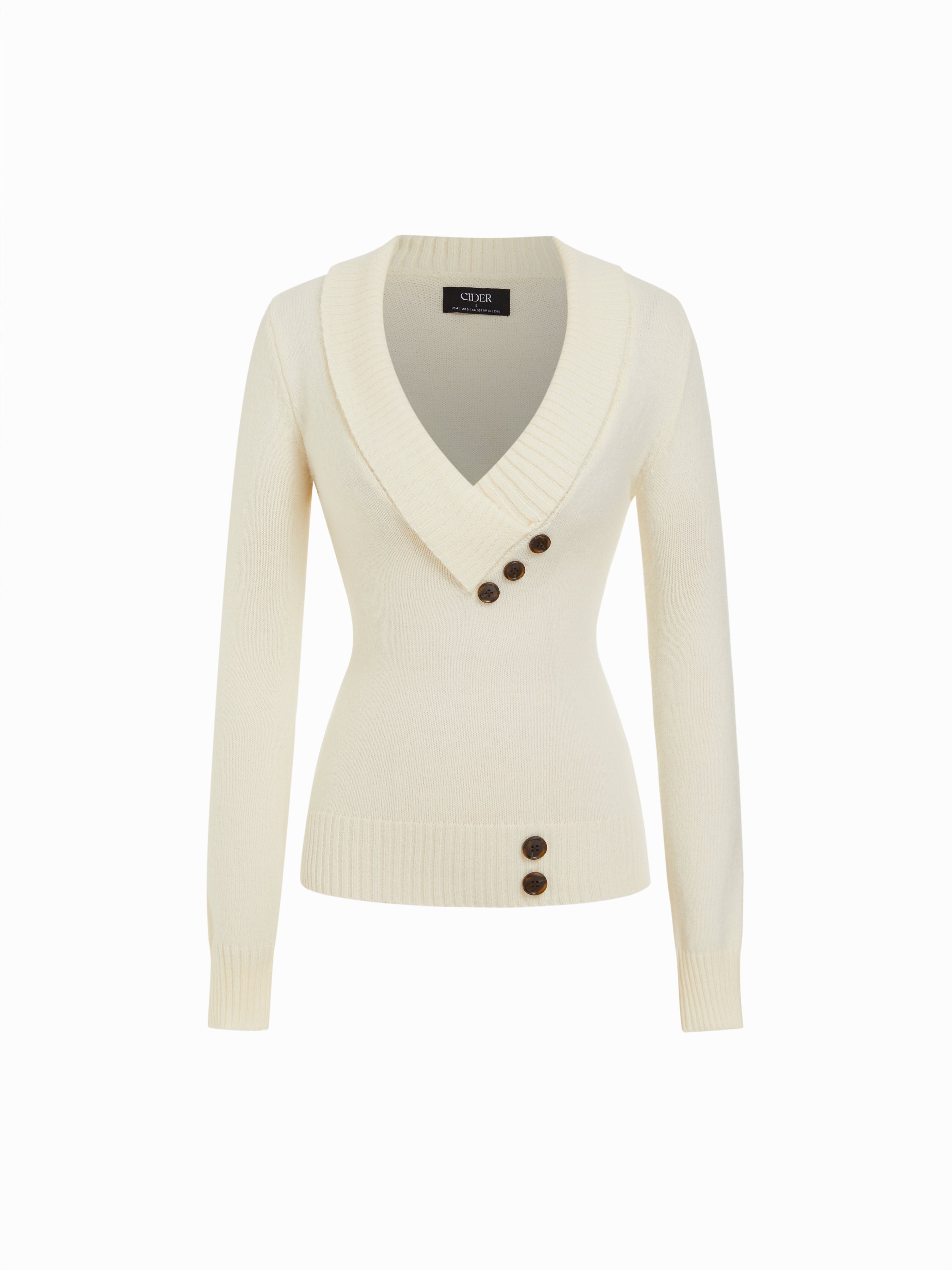 Knit Shawl V-neck Collar Button Detail Sweater — Cream
