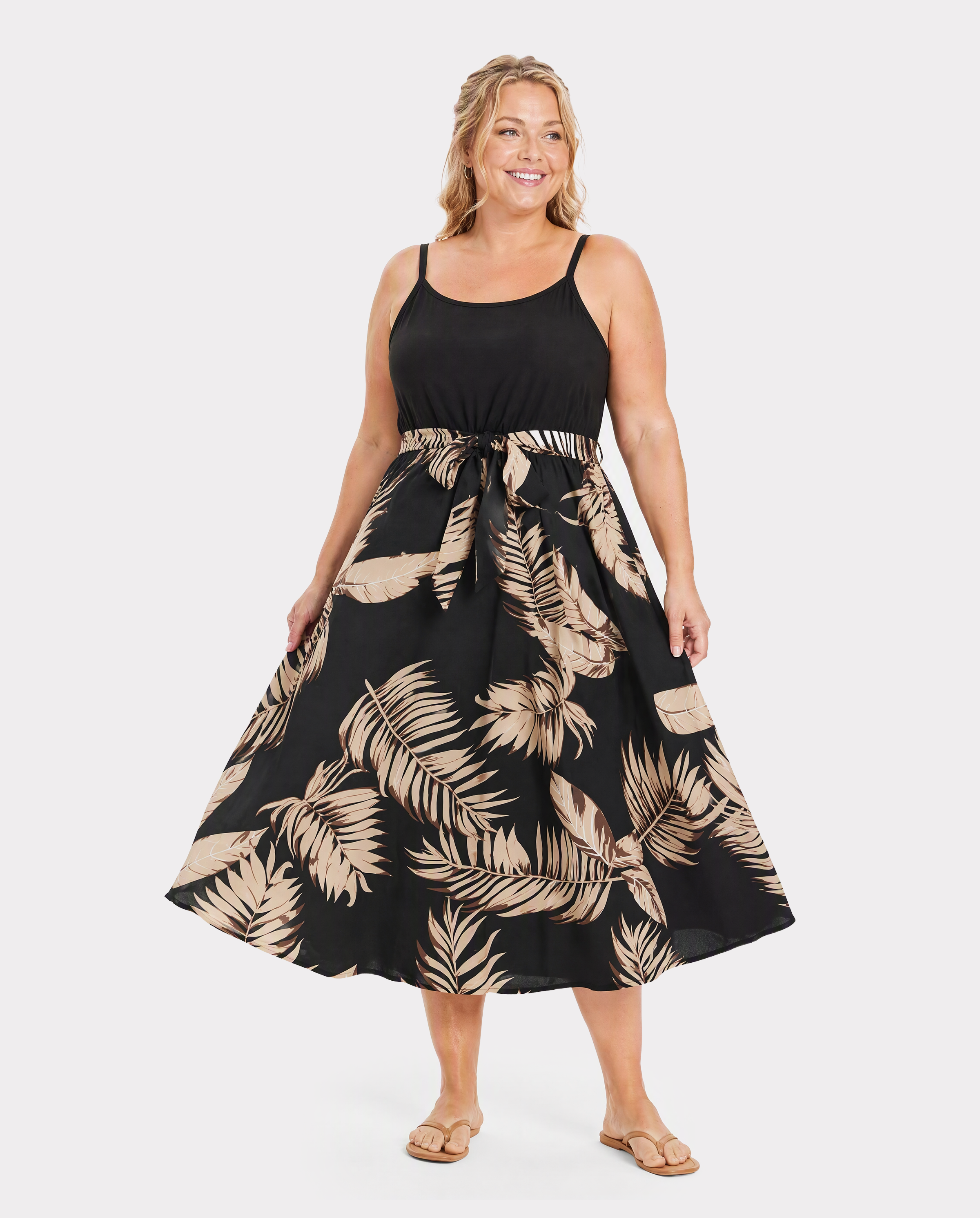 Family Matching Floral Print Belted Cami Dresses And Solid Short Sleeve Tops Sets Black