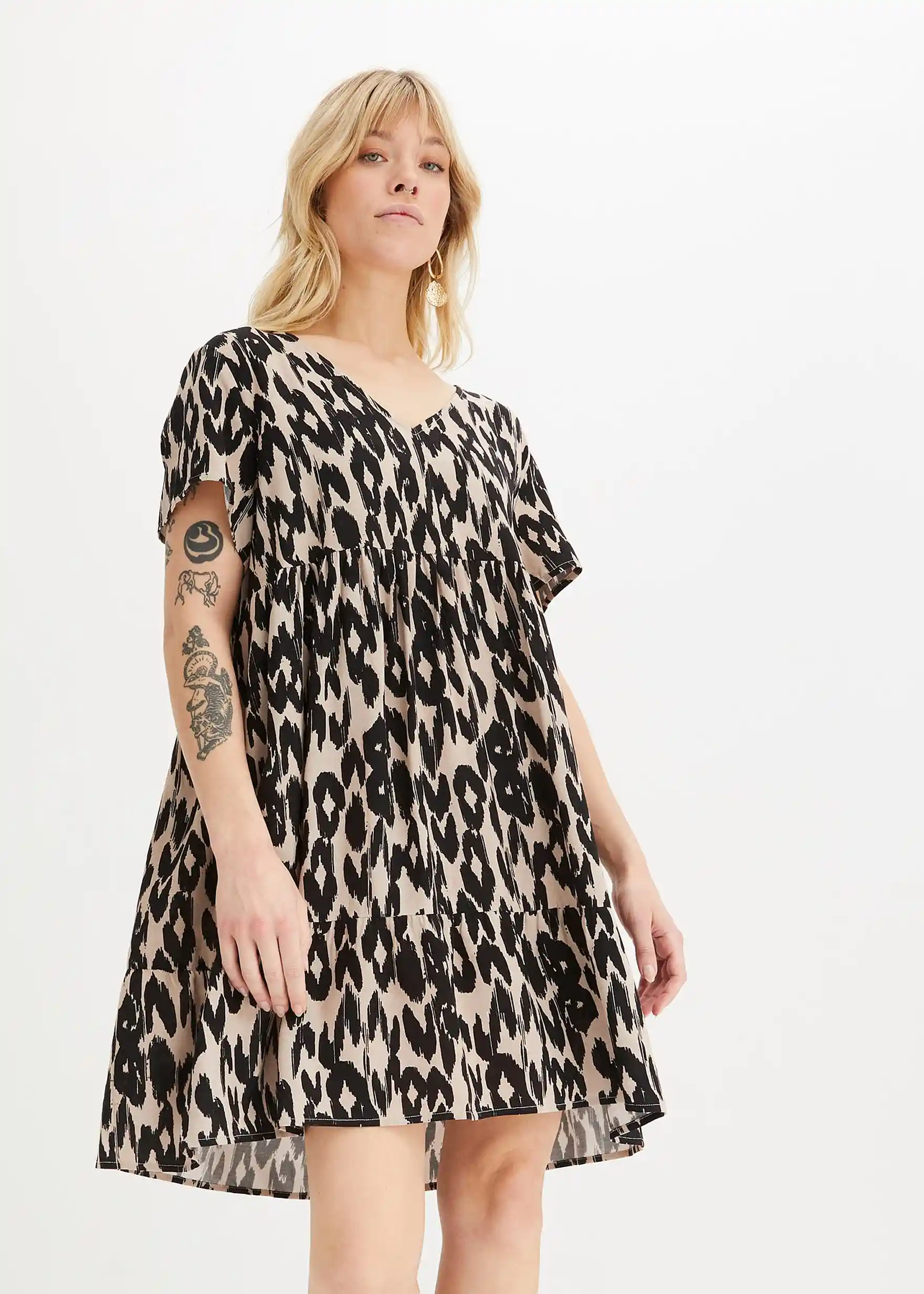 Tunika-Kleid aus fließender Viskose - schwarz/beige bedruckt
