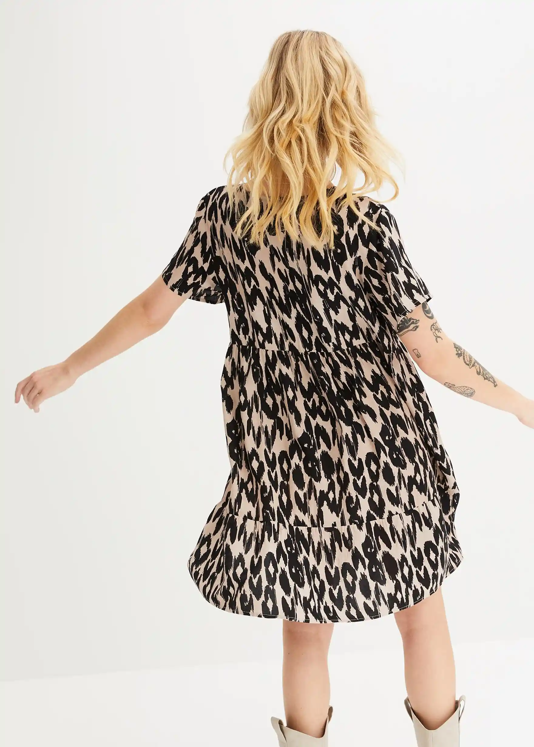 Tunika-Kleid aus fließender Viskose - schwarz/beige bedruckt