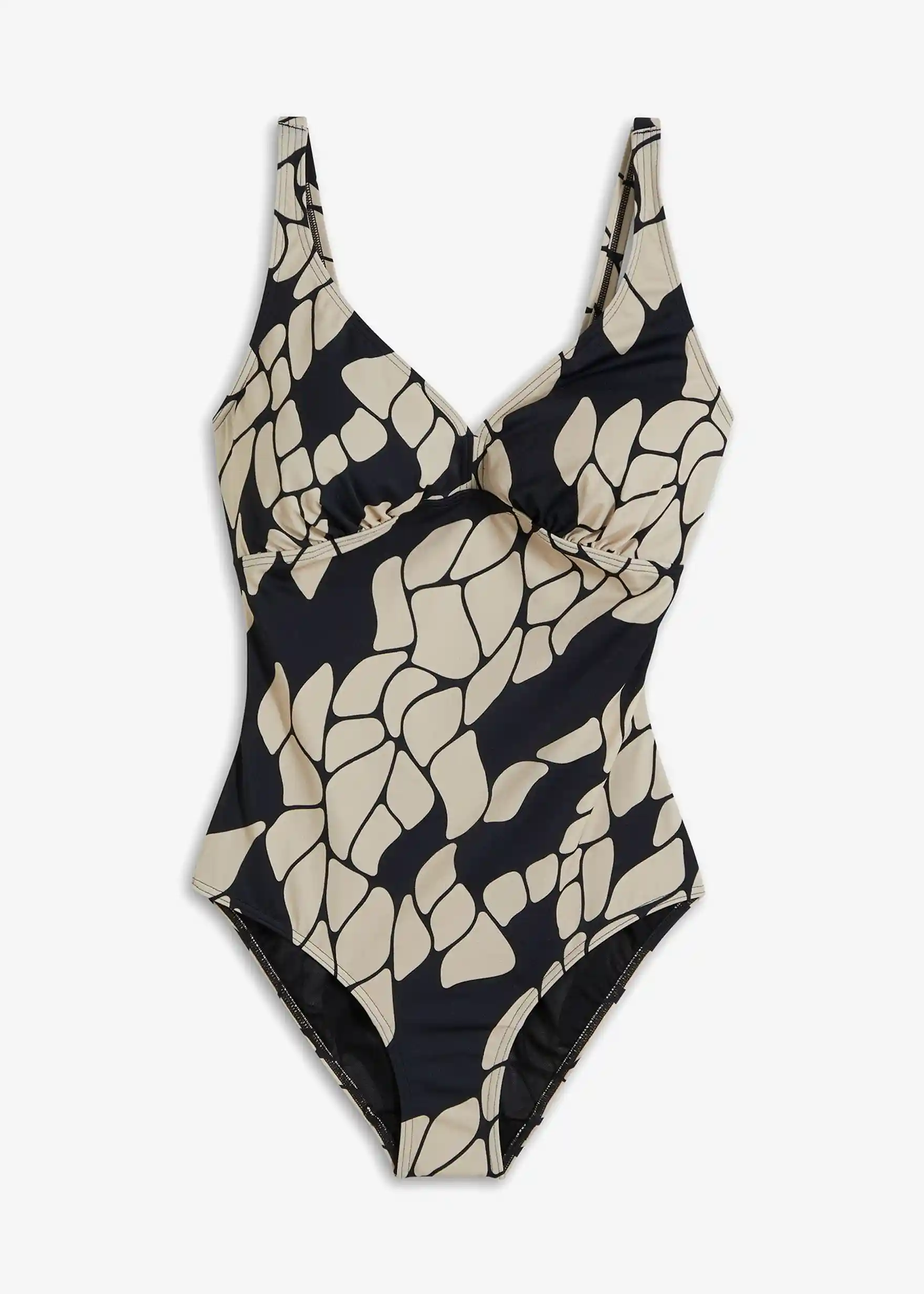 Medium Shape-Badeanzug mit V-Ausschnitt - schwarz/beige bedruckt