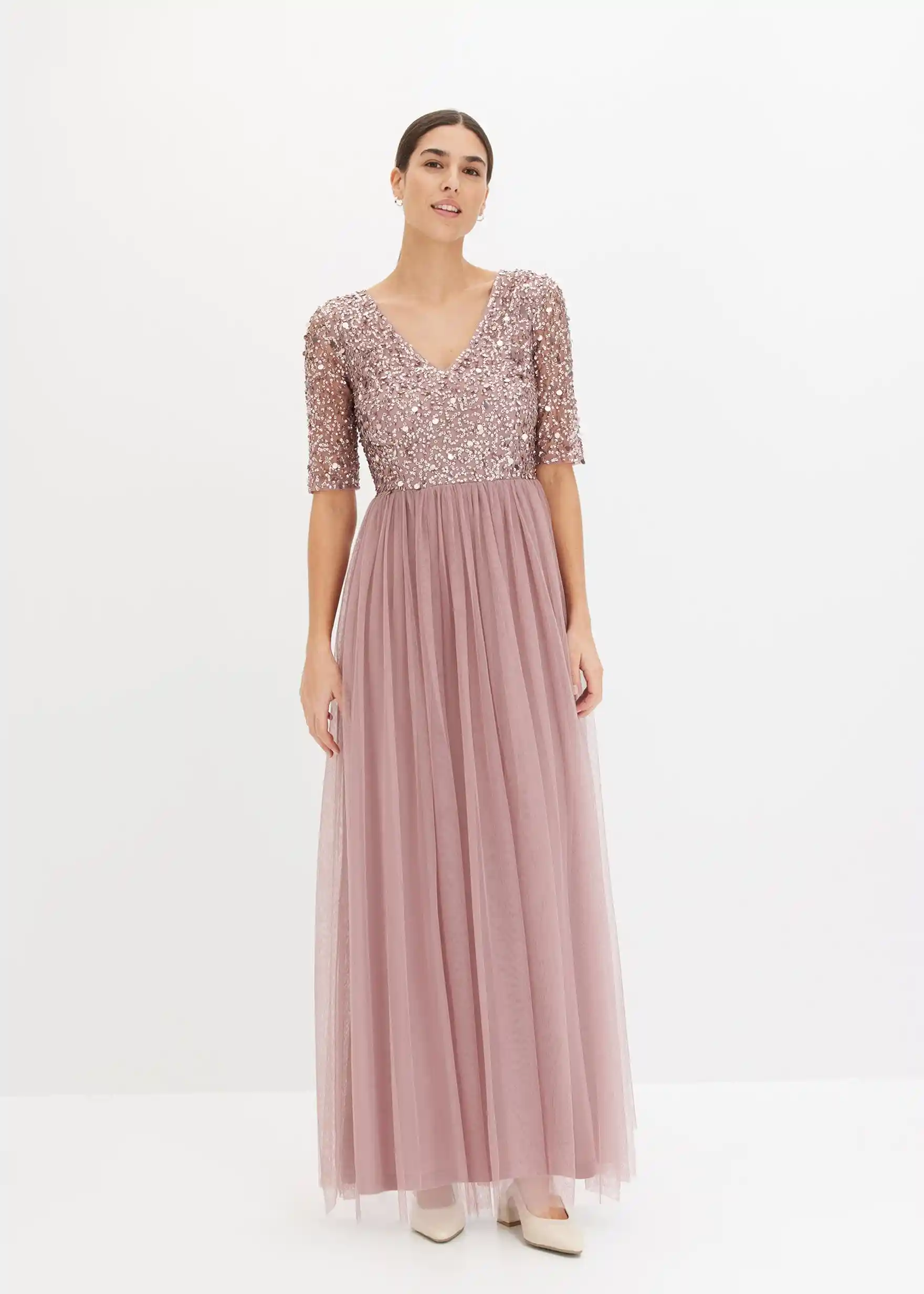 Abendkleid aus zartem Tüll mit Paillettenstickerei - rosenholz