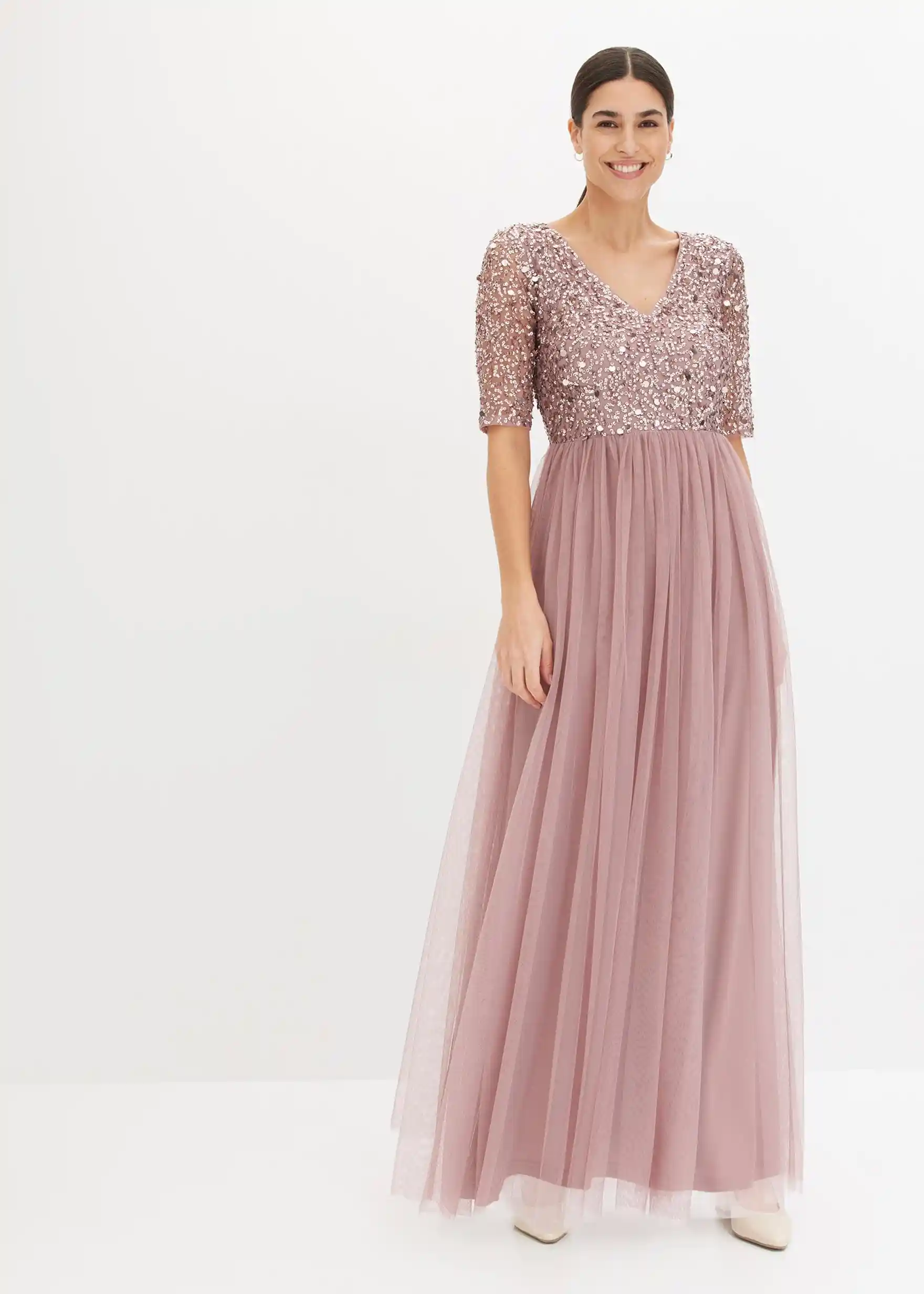 Abendkleid aus zartem Tüll mit Paillettenstickerei - rosenholz