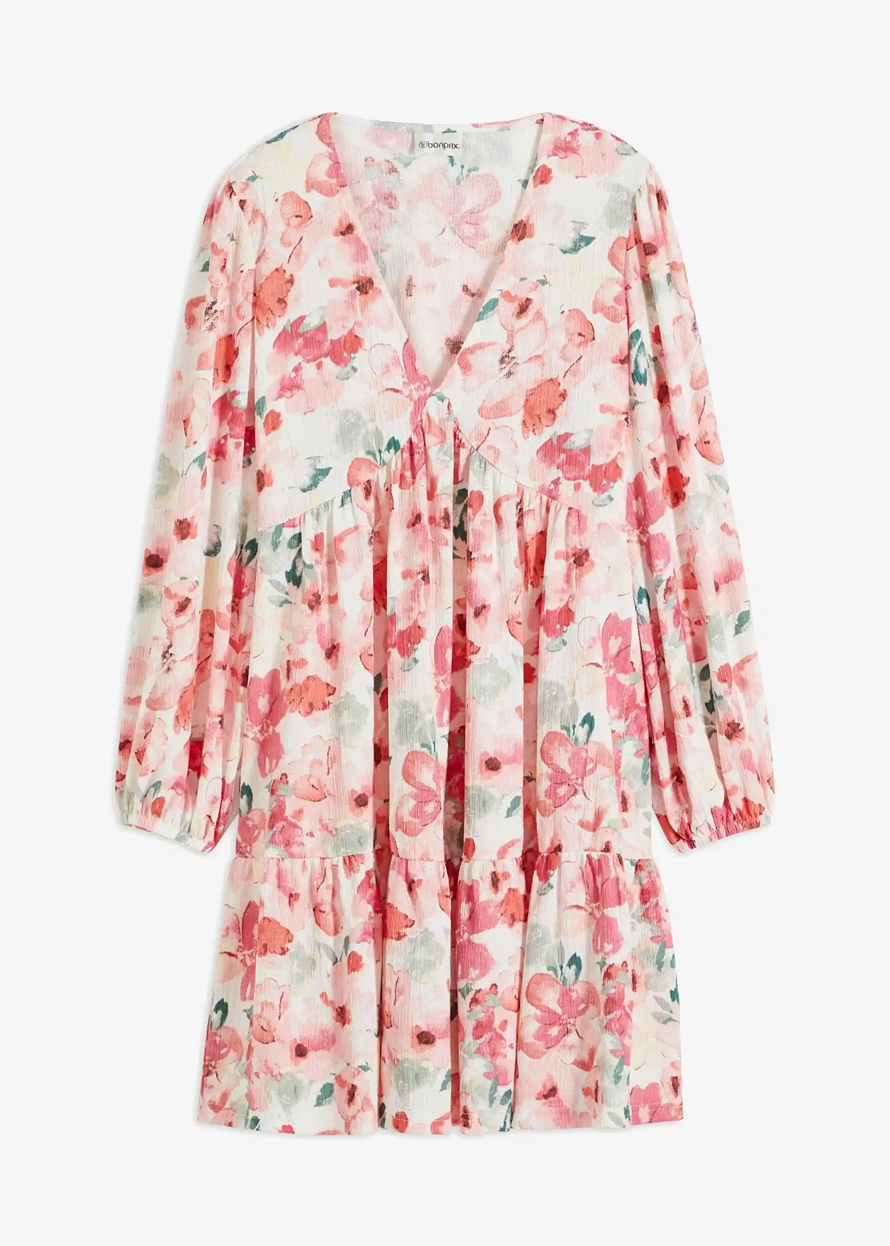 Tunika-Kleid aus leichtem Crêpe - creme/rosa geblümt