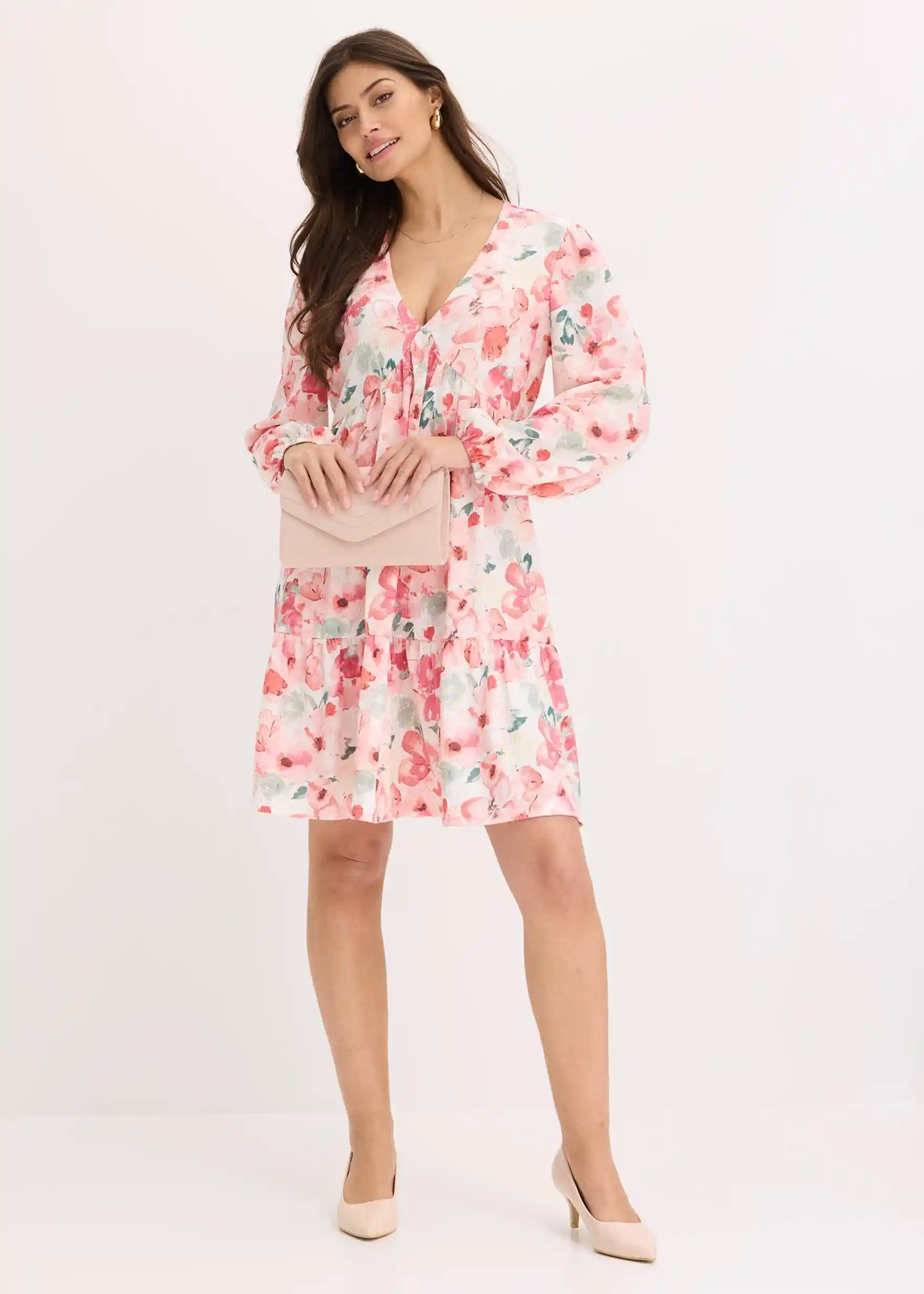 Tunika-Kleid aus leichtem Crêpe - creme/rosa geblümt