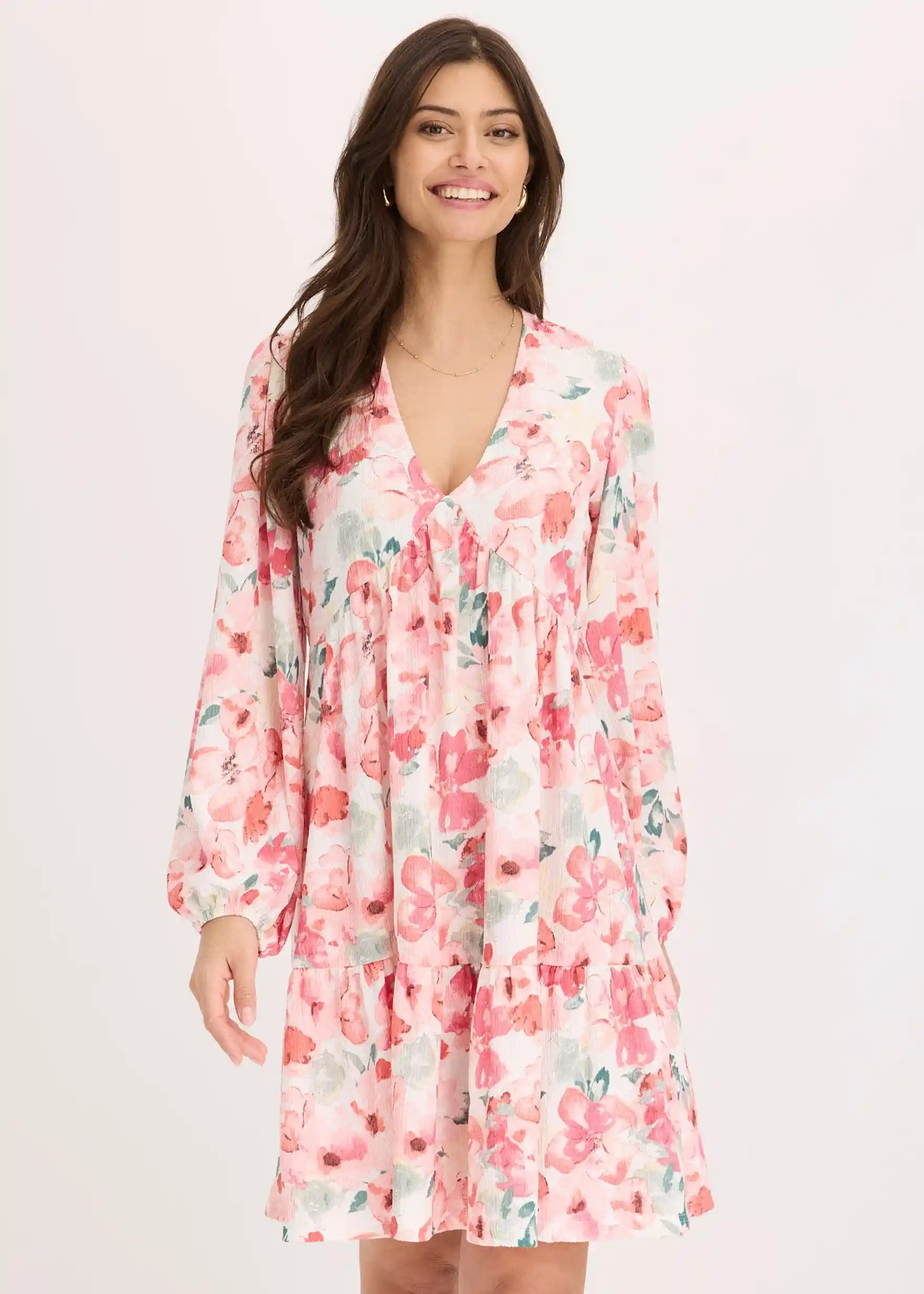 Tunika-Kleid aus leichtem Crêpe - creme/rosa geblümt