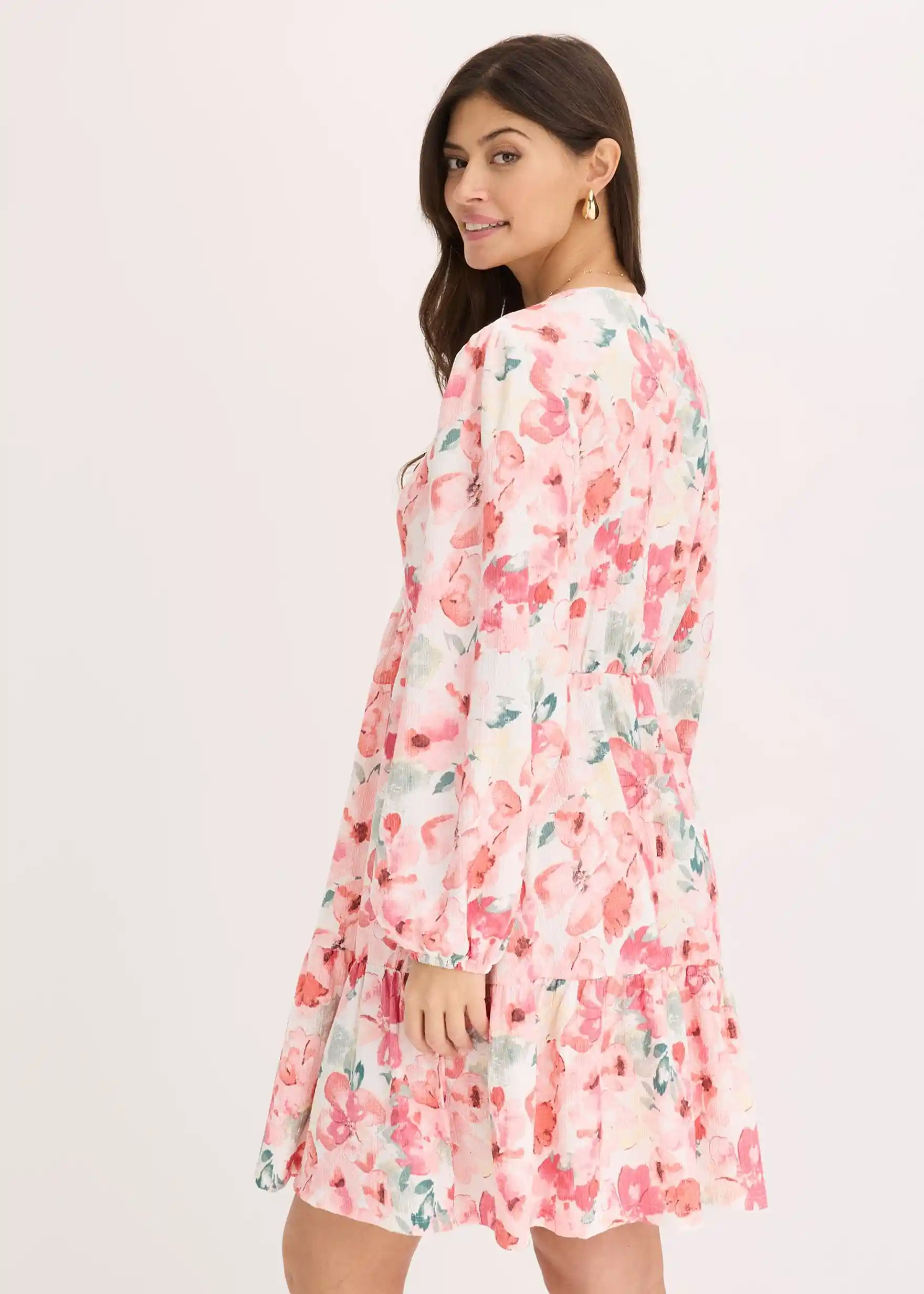 Tunika-Kleid aus leichtem Crêpe - creme/rosa geblümt