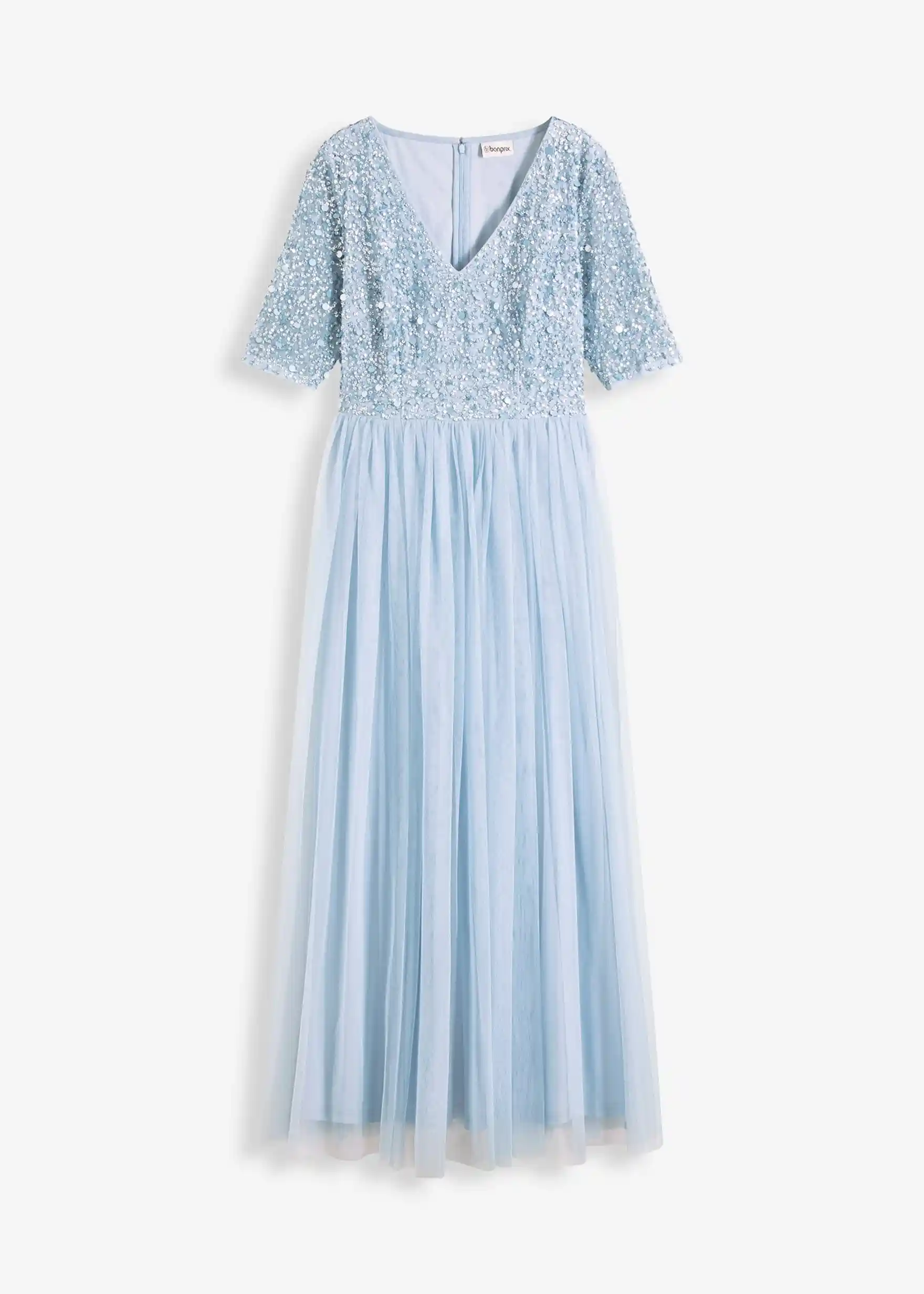 Abendkleid aus zartem Tüll mit Paillettenstickerei - puderblau