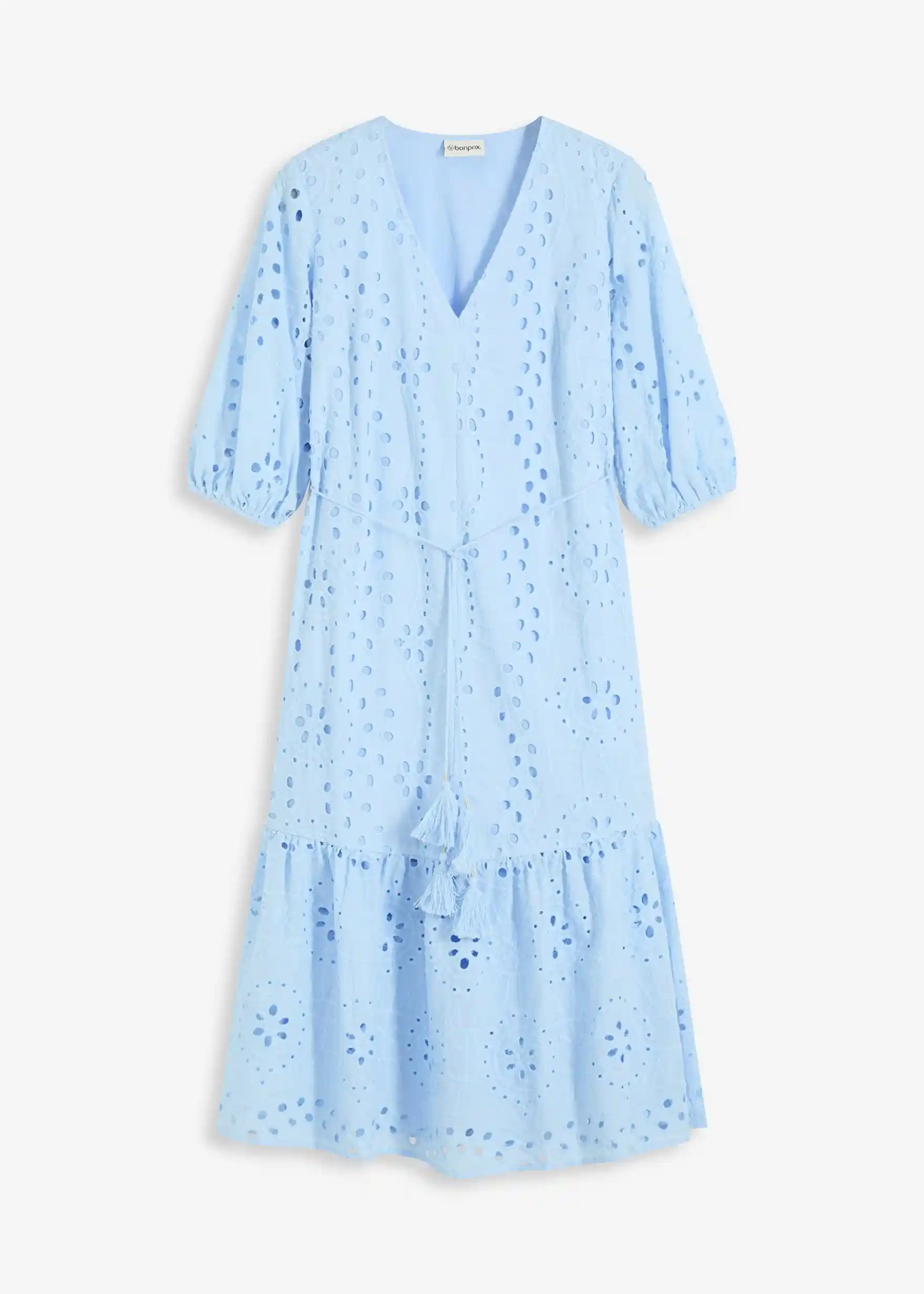 Midikleid aus reiner Baumwolle mit Lochstickerei - hellblau