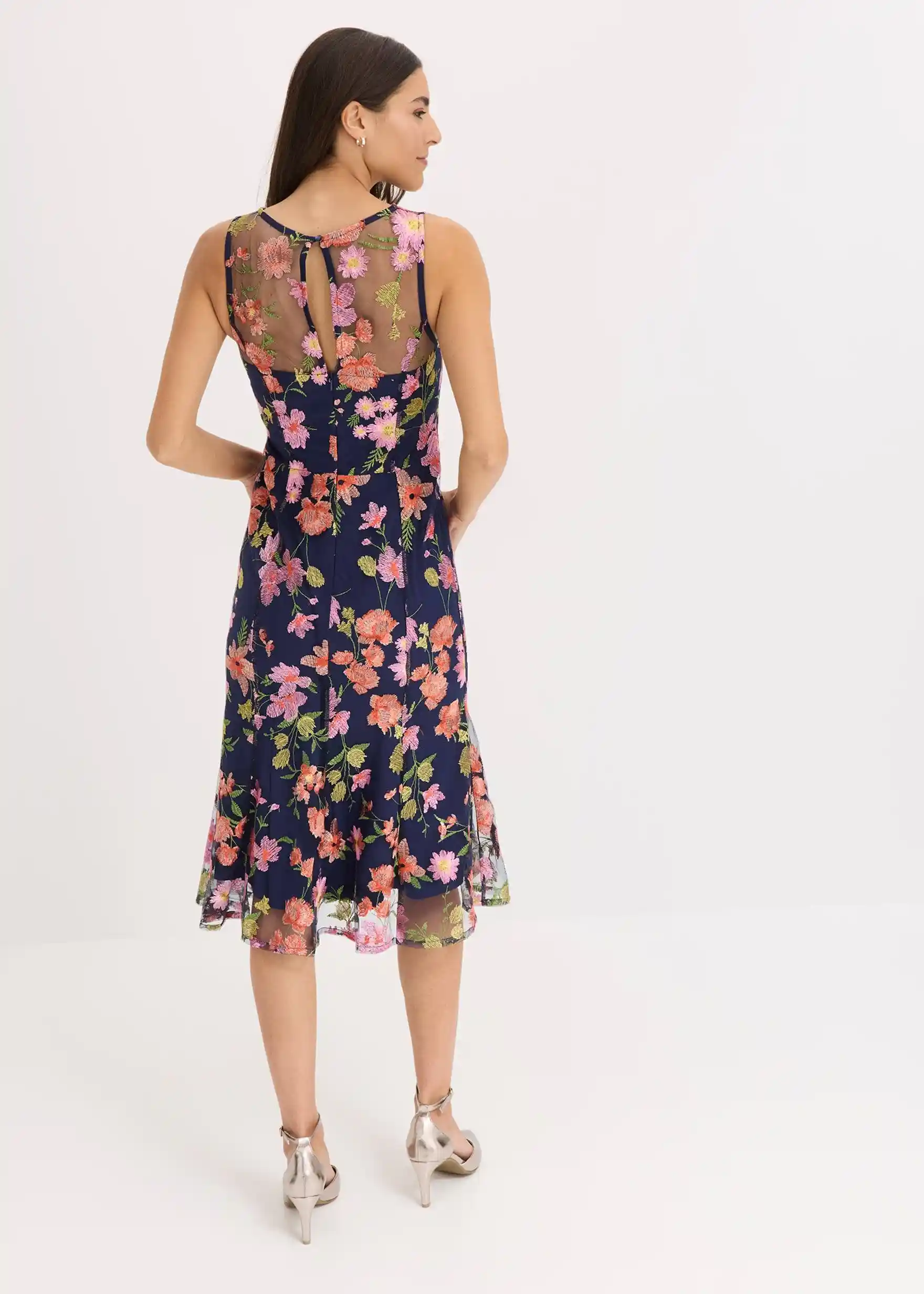 Midikleid mit floraler Stickerei - dunkelblau geblümt