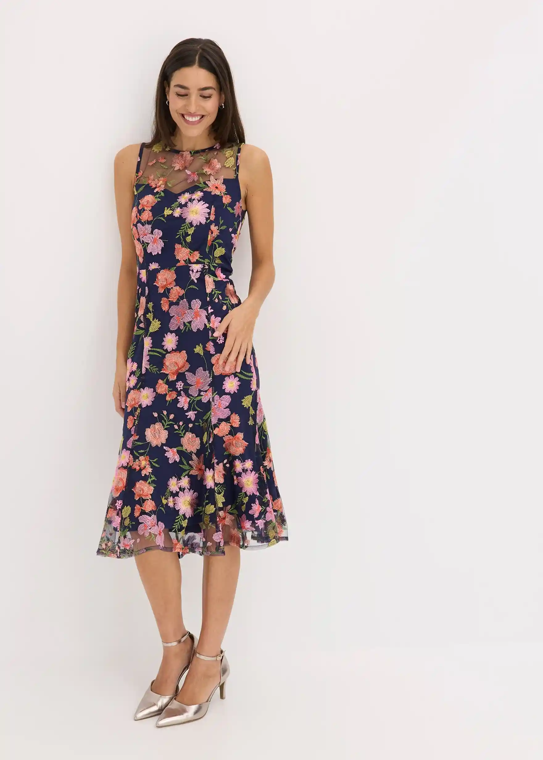 Midikleid mit floraler Stickerei - dunkelblau geblümt