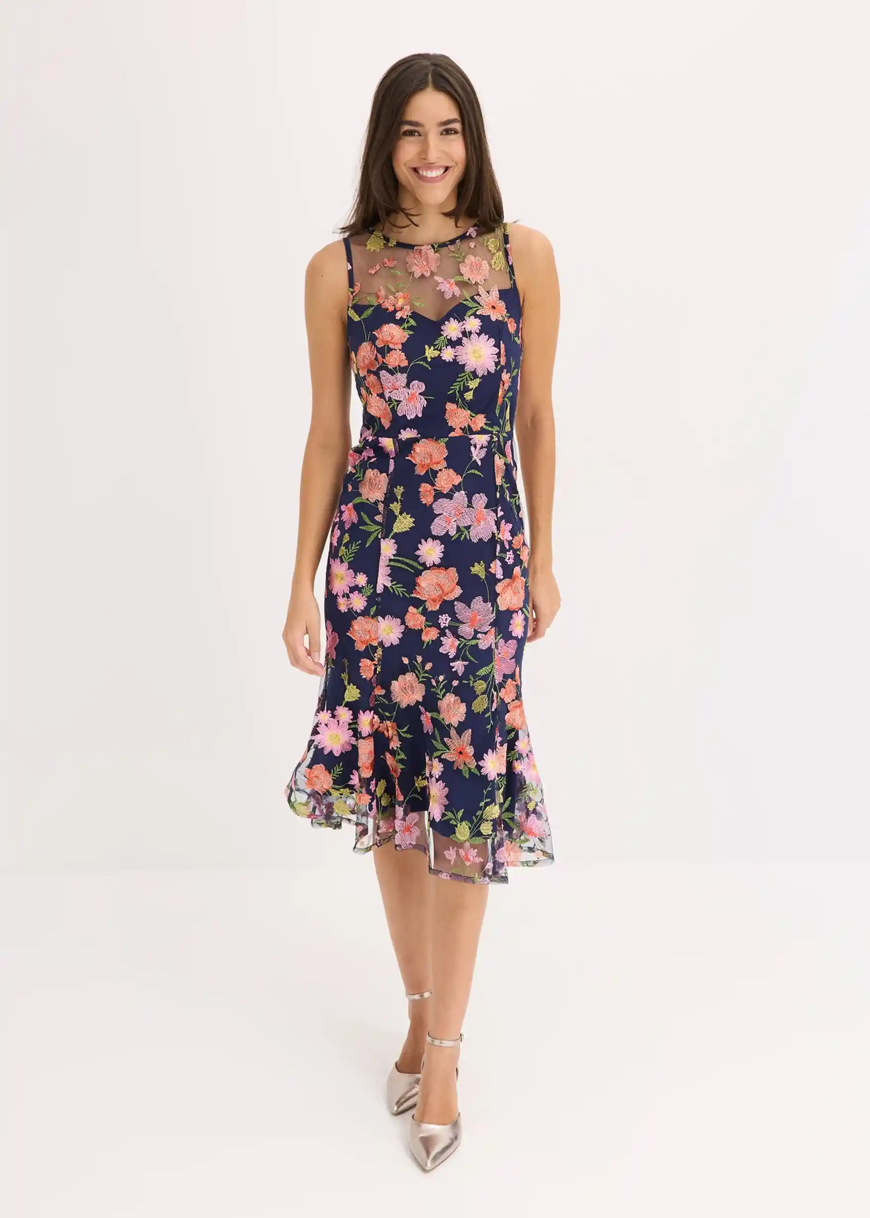 Midikleid mit floraler Stickerei - dunkelblau geblümt