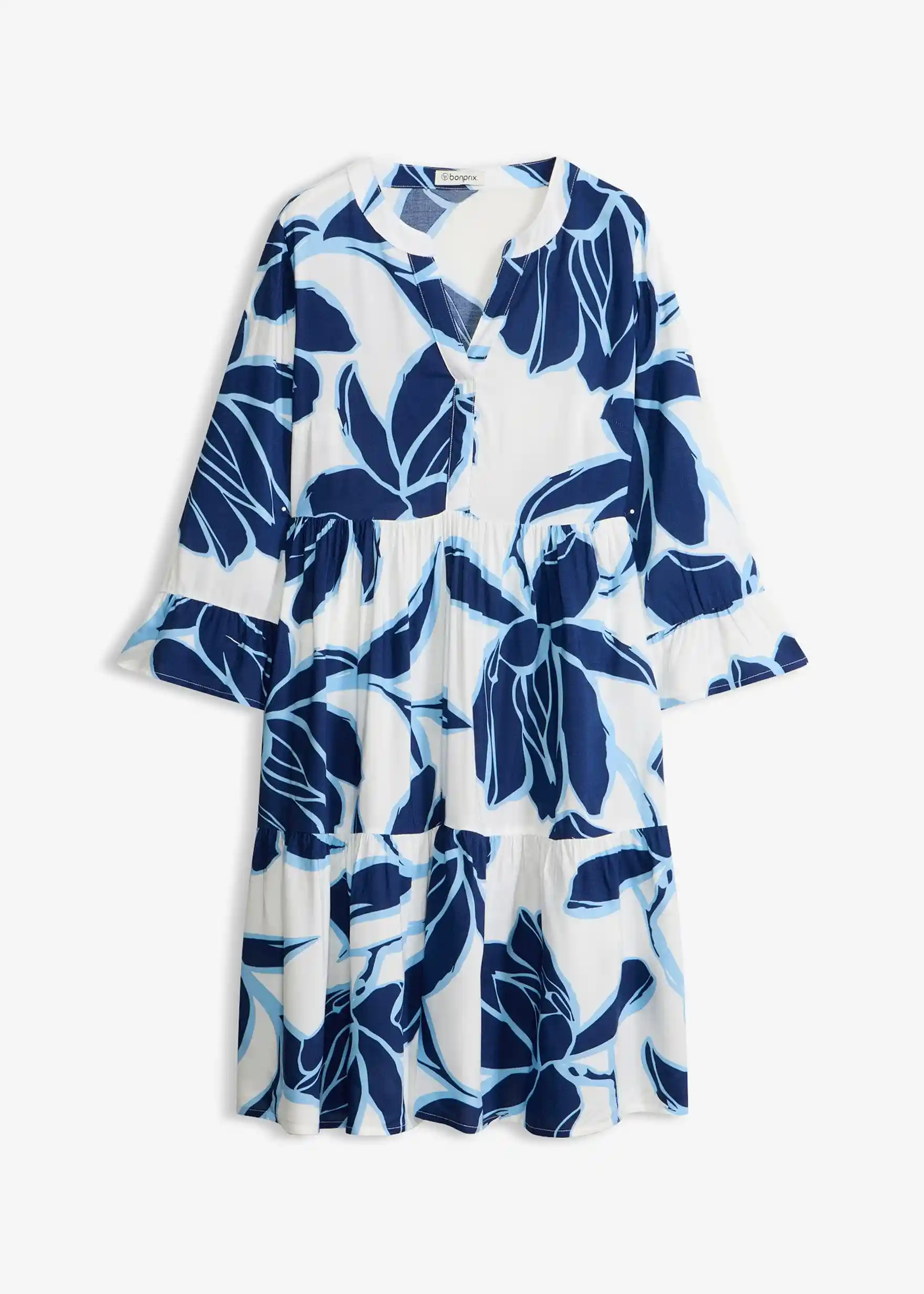 Tunika-Kleid aus fließender Viskose - weiß/blau floral