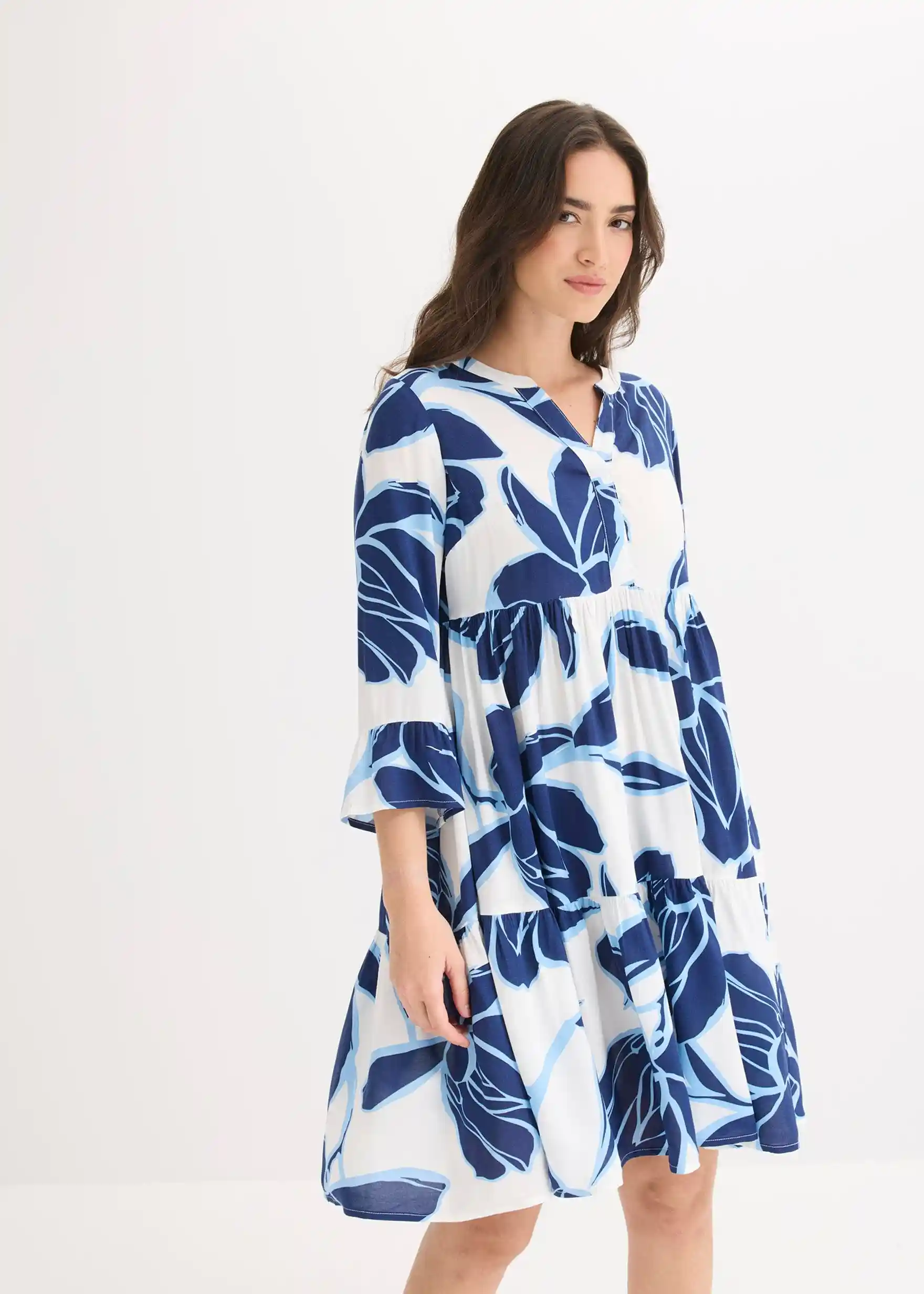Tunika-Kleid aus fließender Viskose - weiß/blau floral