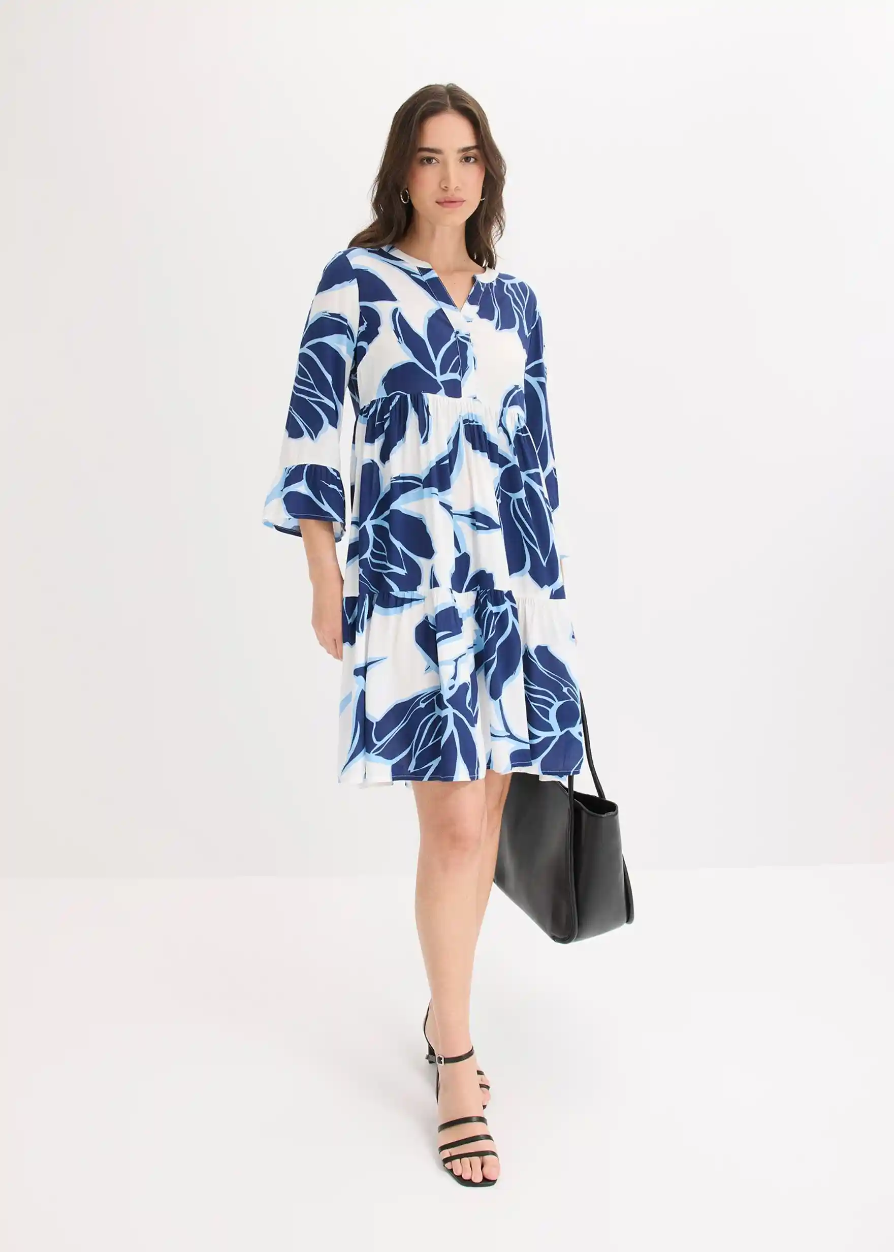 Tunika-Kleid aus fließender Viskose - weiß/blau floral
