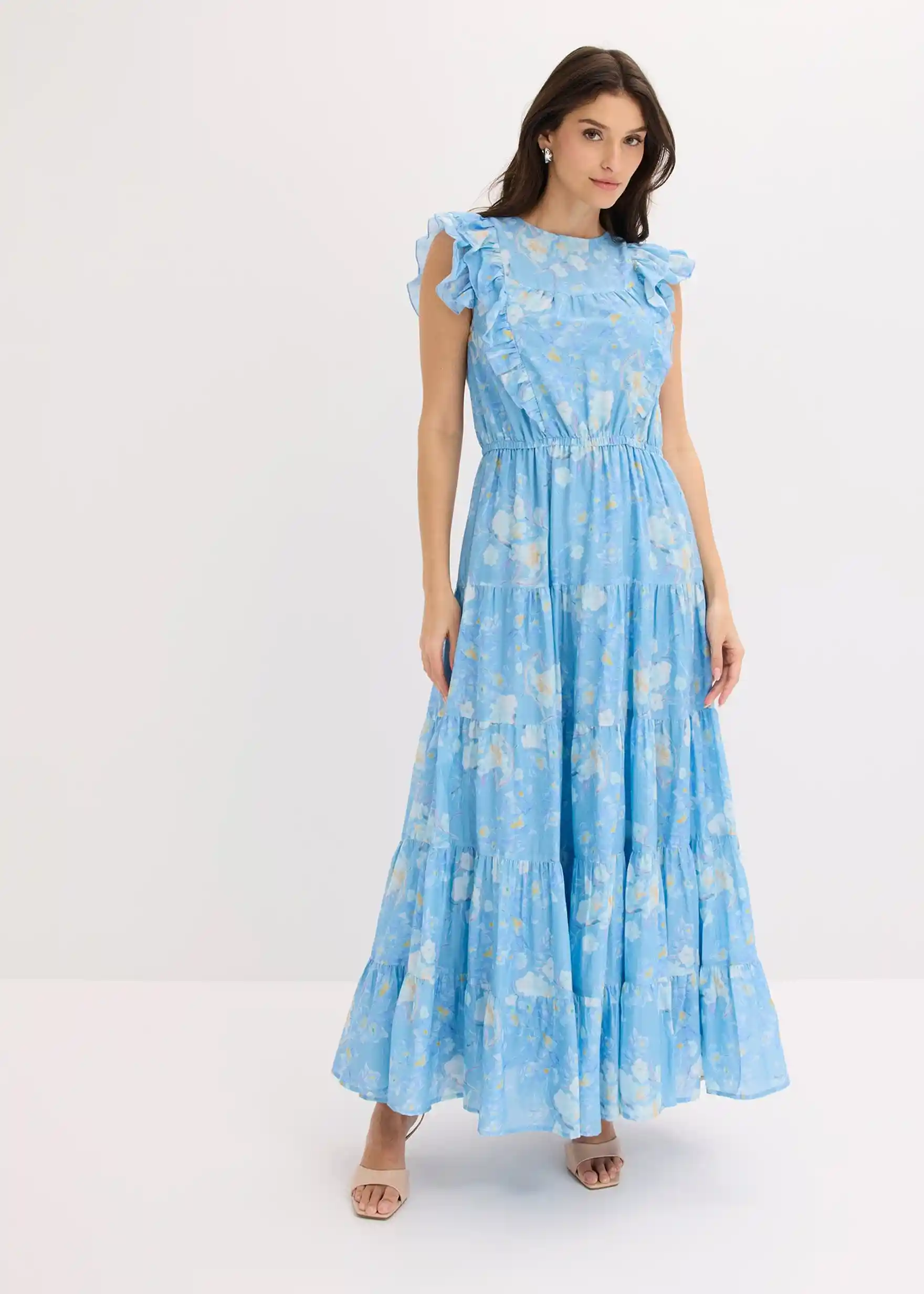 Maxikleid aus reiner Baumwolle - puderblau floral