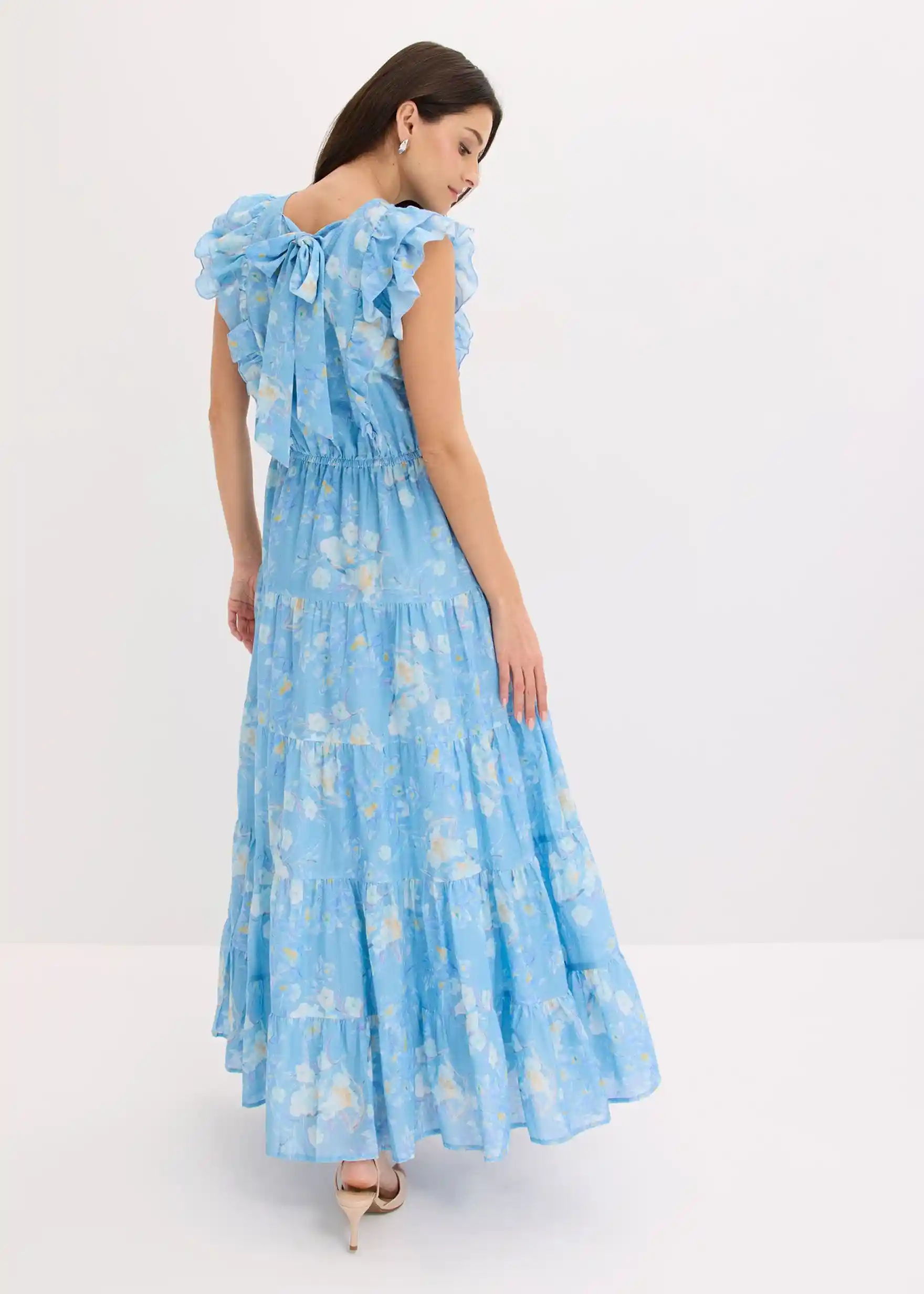 Maxikleid aus reiner Baumwolle - puderblau floral
