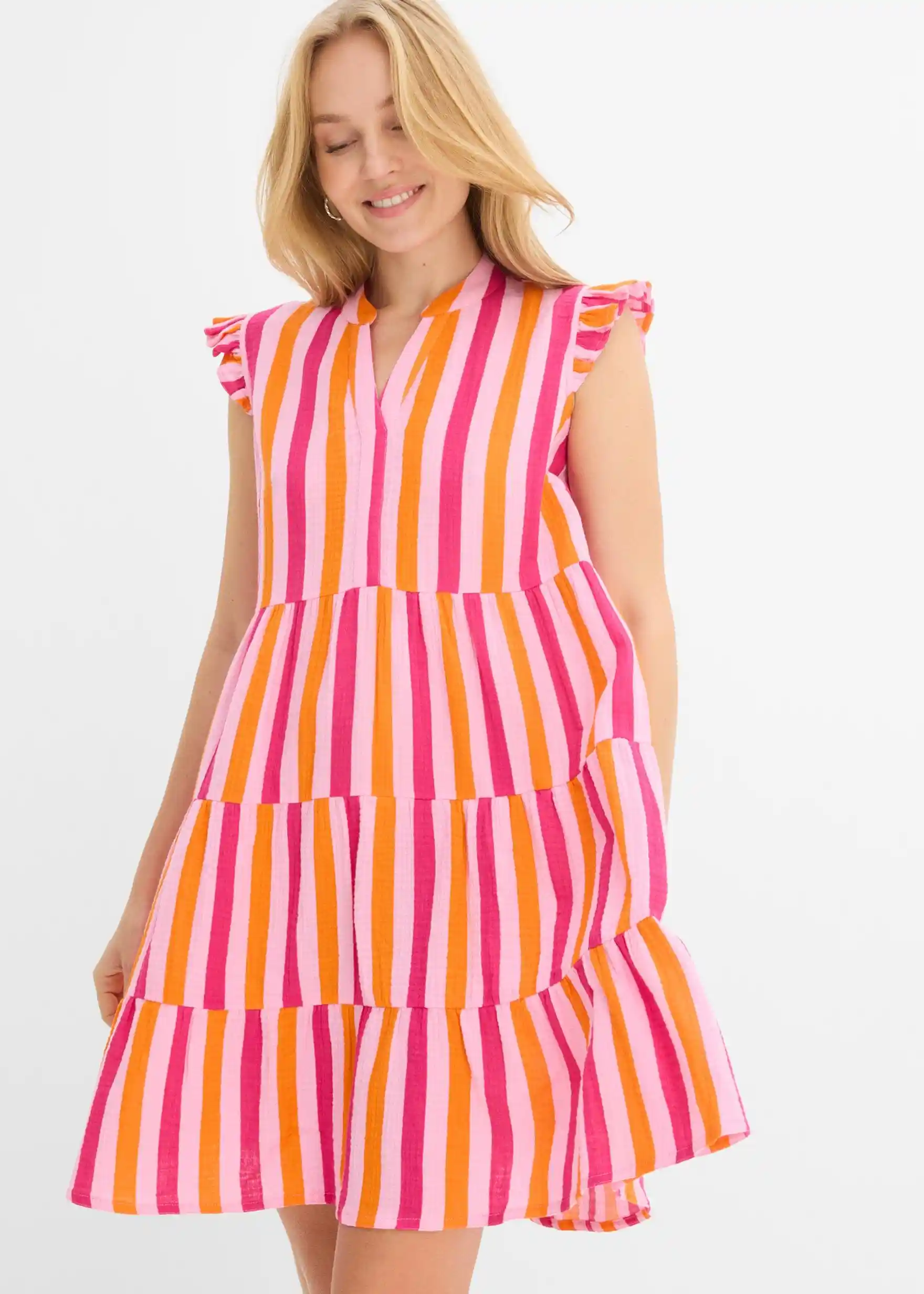 Musselin-Tunikakleid aus reiner Baumwolle - rosa/pinklady/leuchtorange längs gestreift