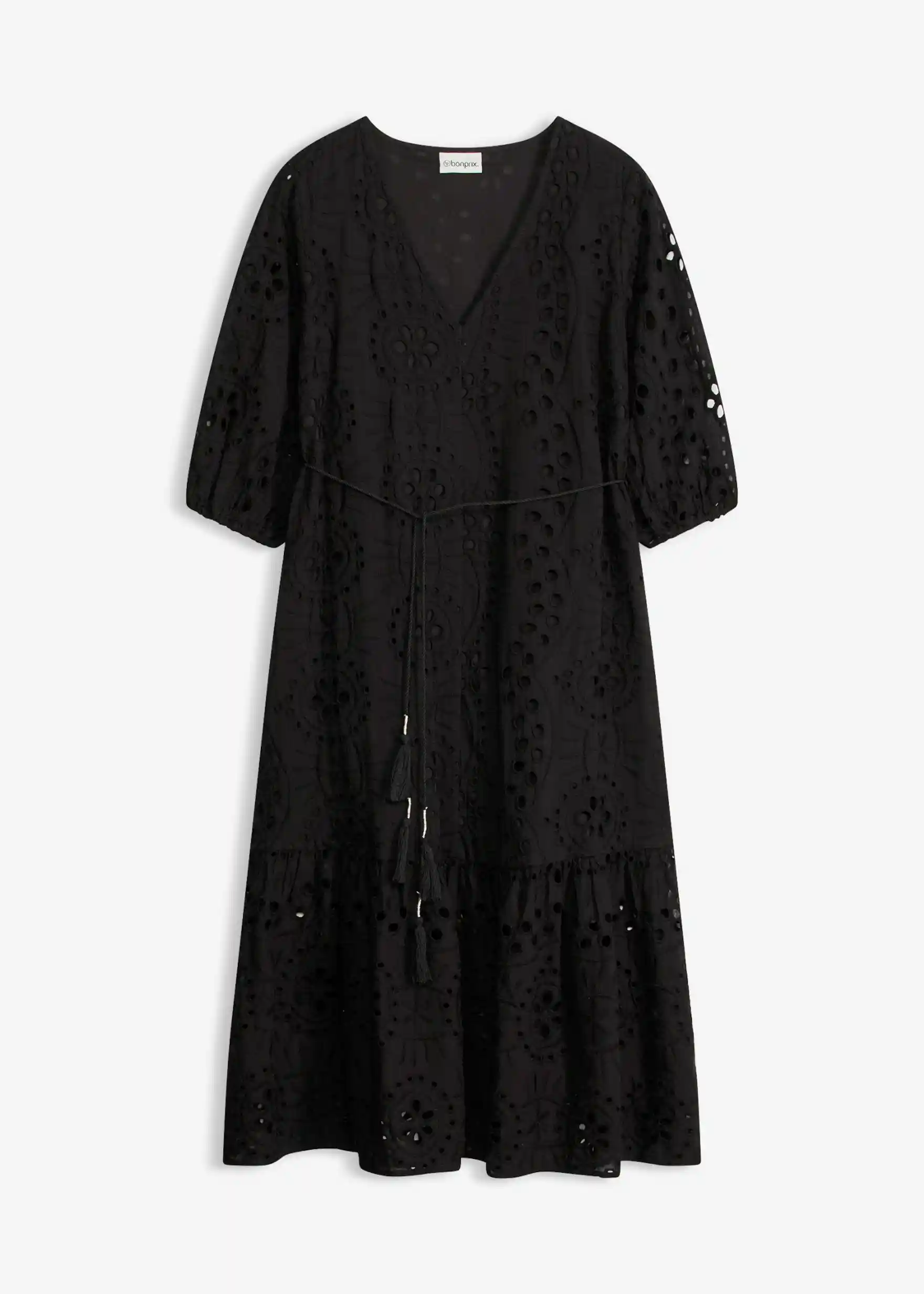Midikleid aus reiner Baumwolle mit Lochstickerei - schwarz