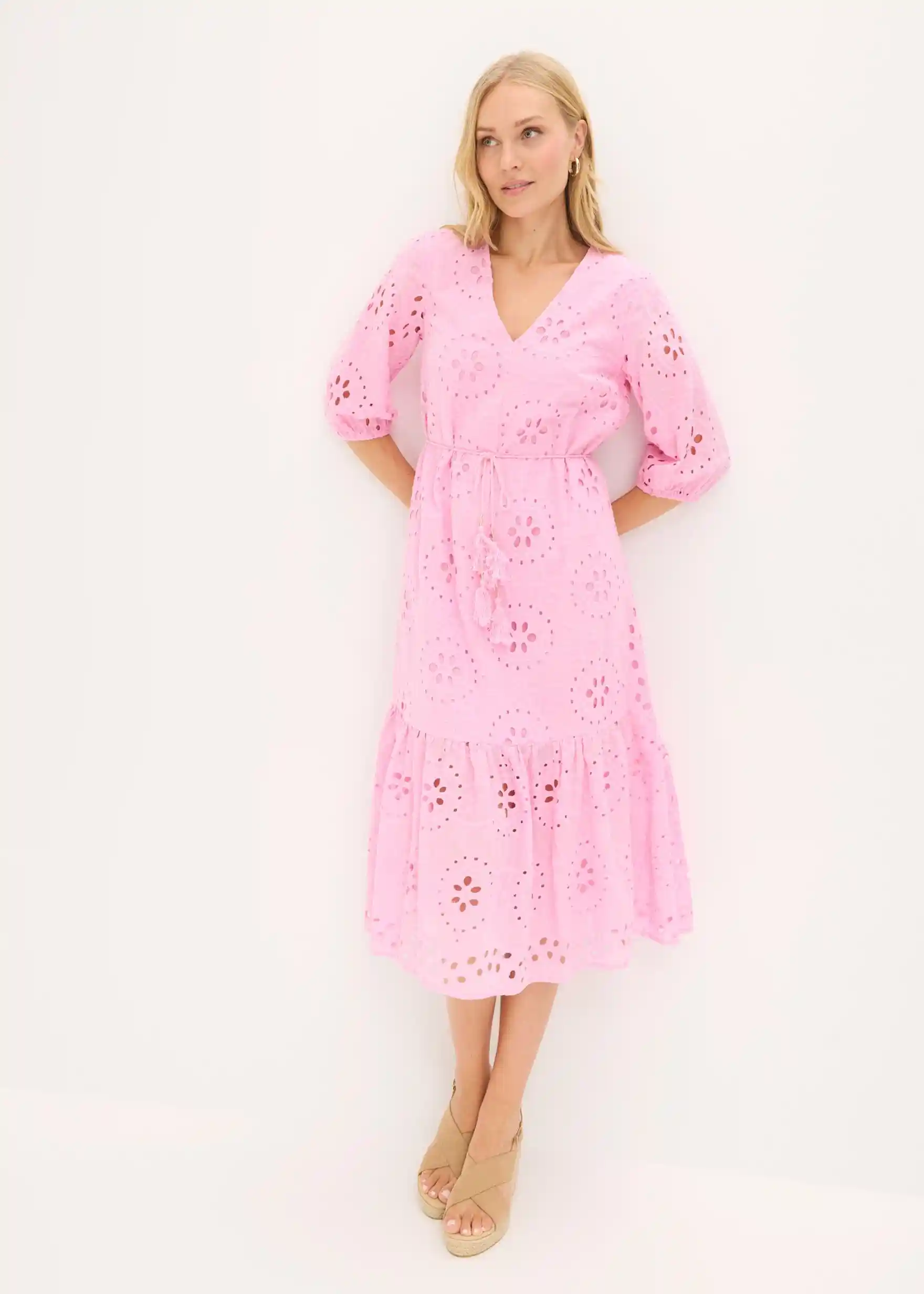 Midikleid aus reiner Baumwolle mit Lochstickerei - rosa