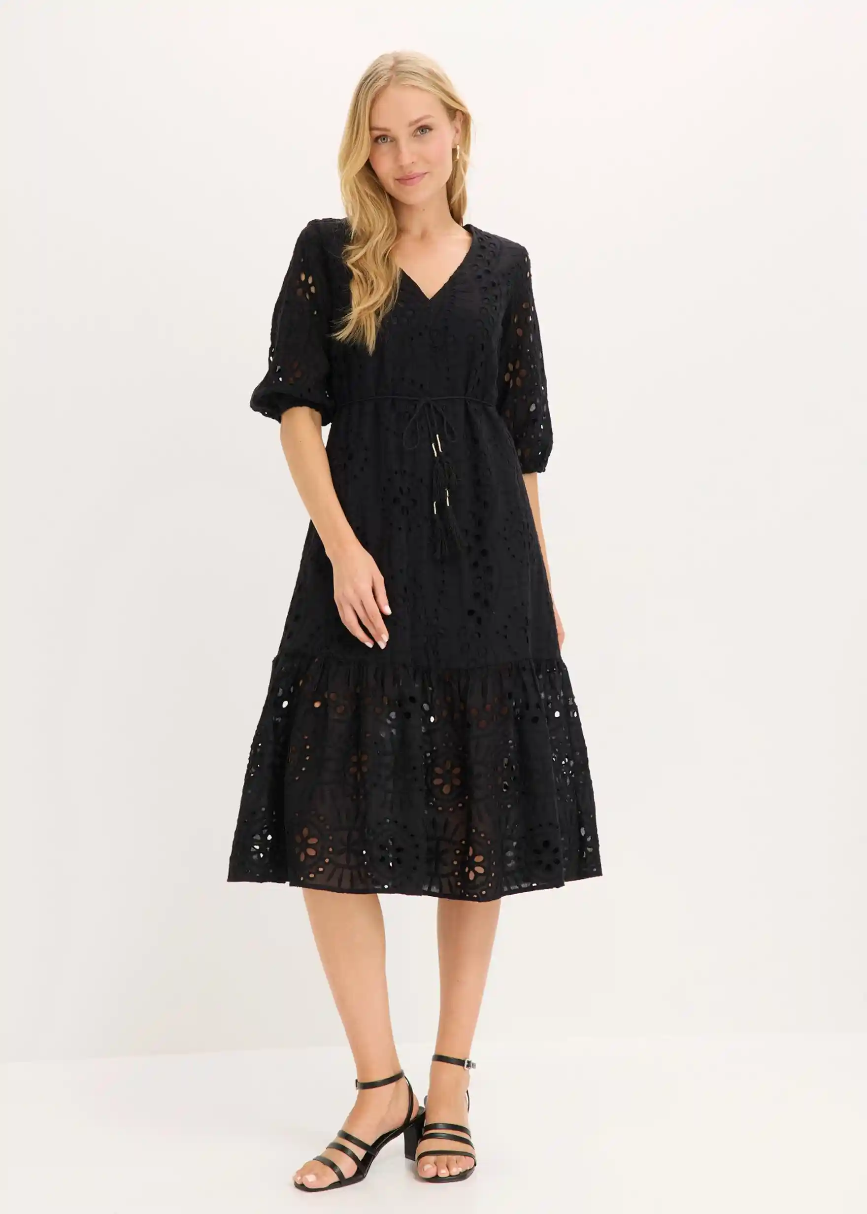 Midikleid aus reiner Baumwolle mit Lochstickerei - schwarz