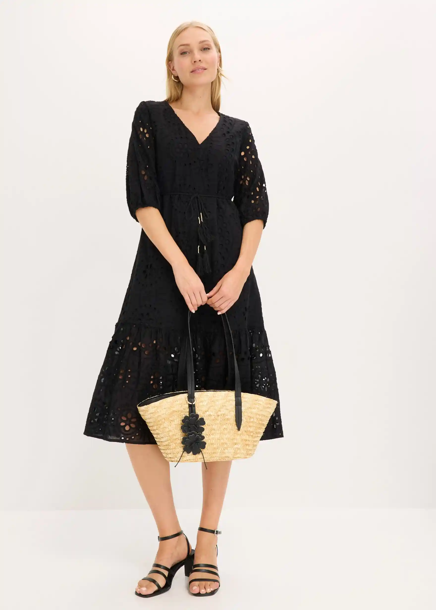 Midikleid aus reiner Baumwolle mit Lochstickerei - schwarz