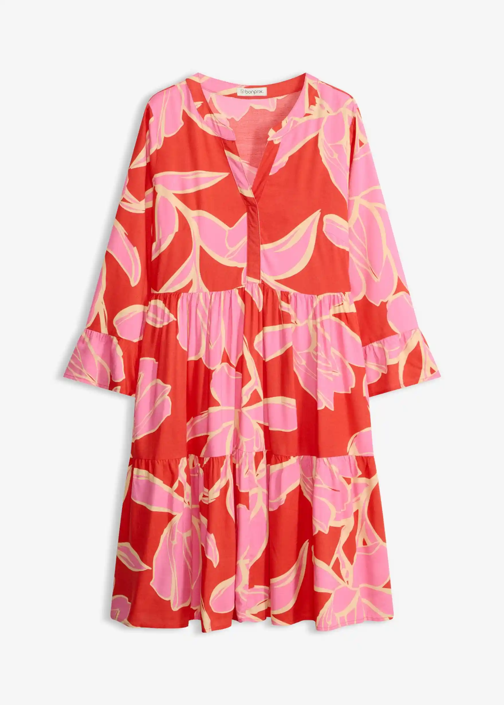 Tunika-Kleid aus fließender Viskose - signalrot / flamingopink floral