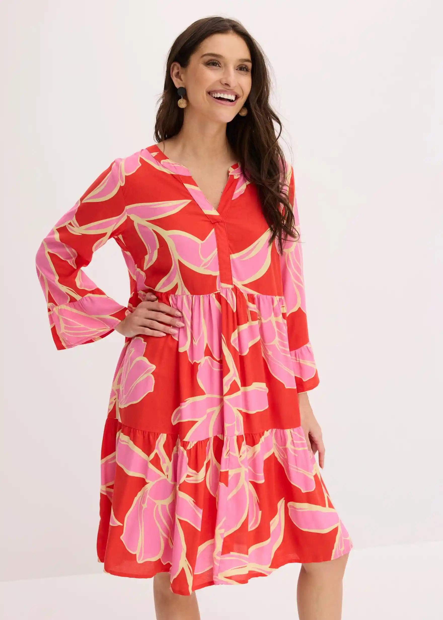 Tunika-Kleid aus fließender Viskose - signalrot / flamingopink floral