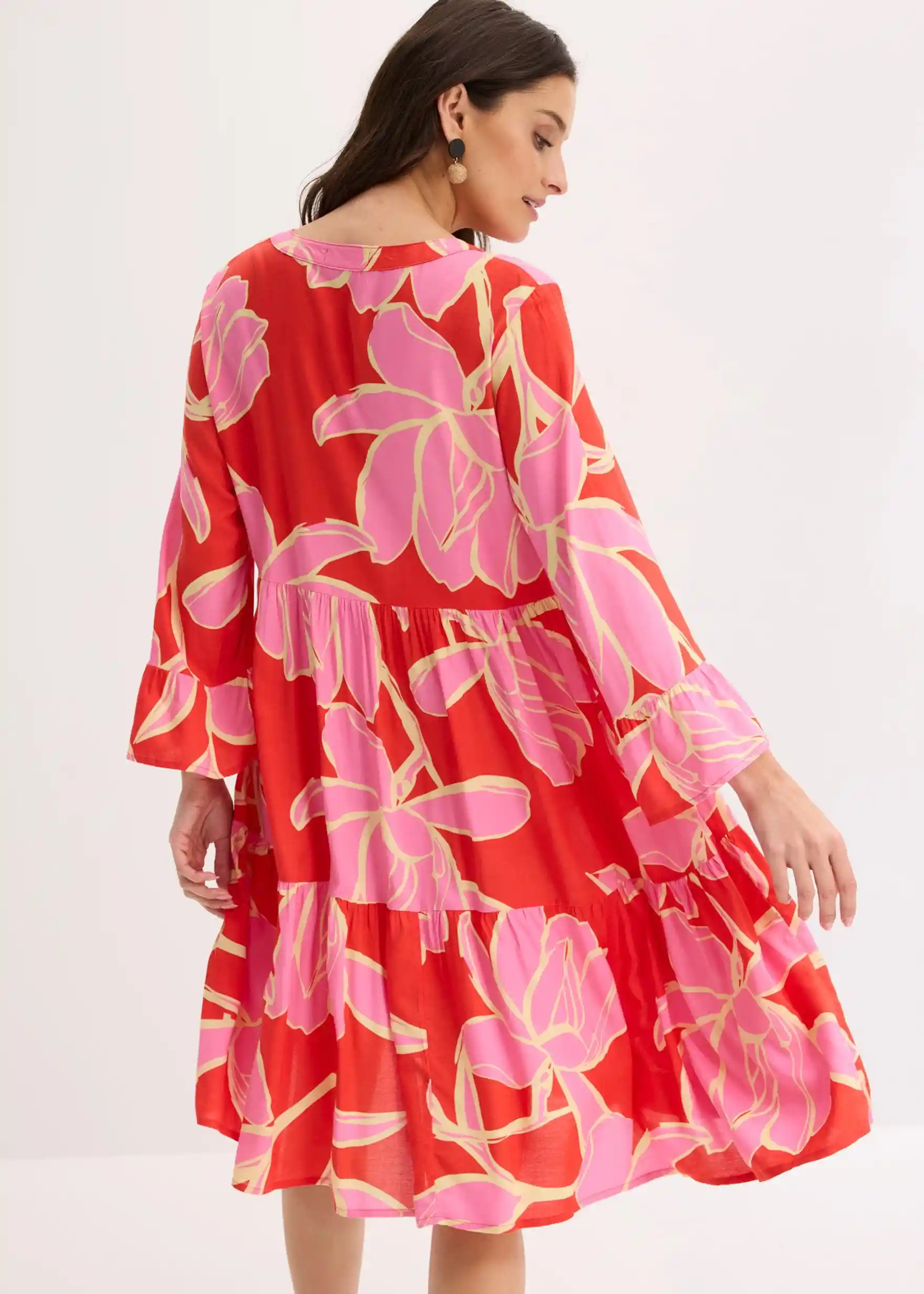 Tunika-Kleid aus fließender Viskose - signalrot / flamingopink floral