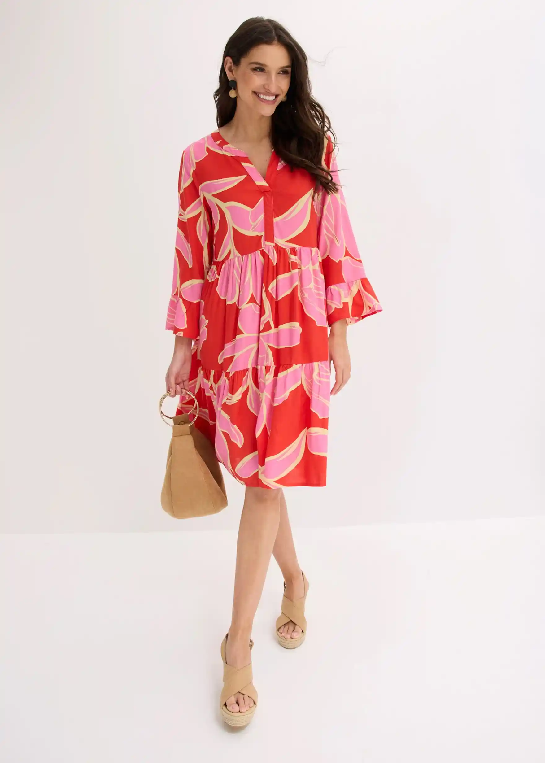 Tunika-Kleid aus fließender Viskose - signalrot / flamingopink floral
