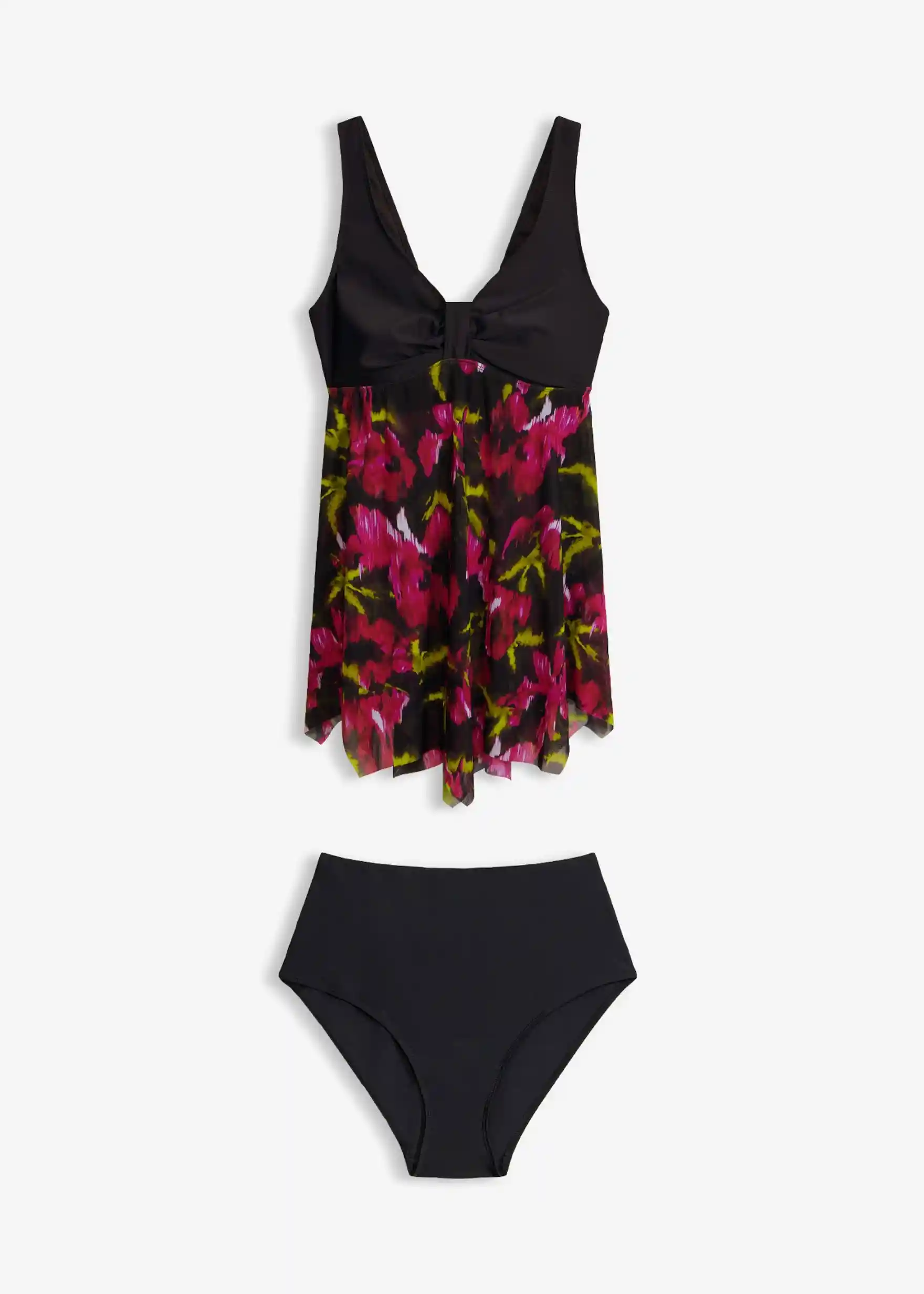 Long-Tankini mit bedrucktem Netzmaterial (2-tlg.Set) - schwarz floral