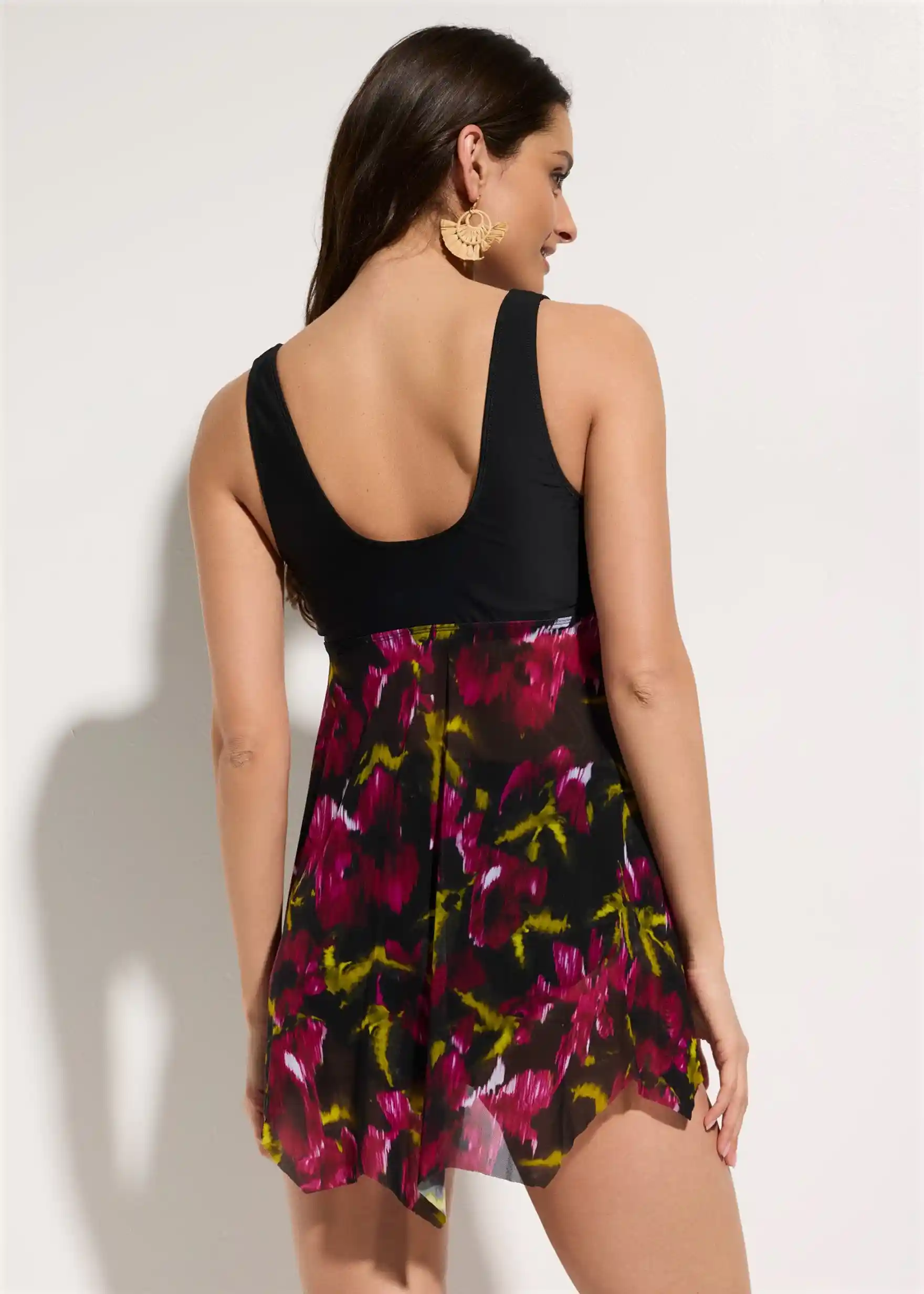 Long-Tankini mit bedrucktem Netzmaterial (2-tlg.Set) - schwarz floral