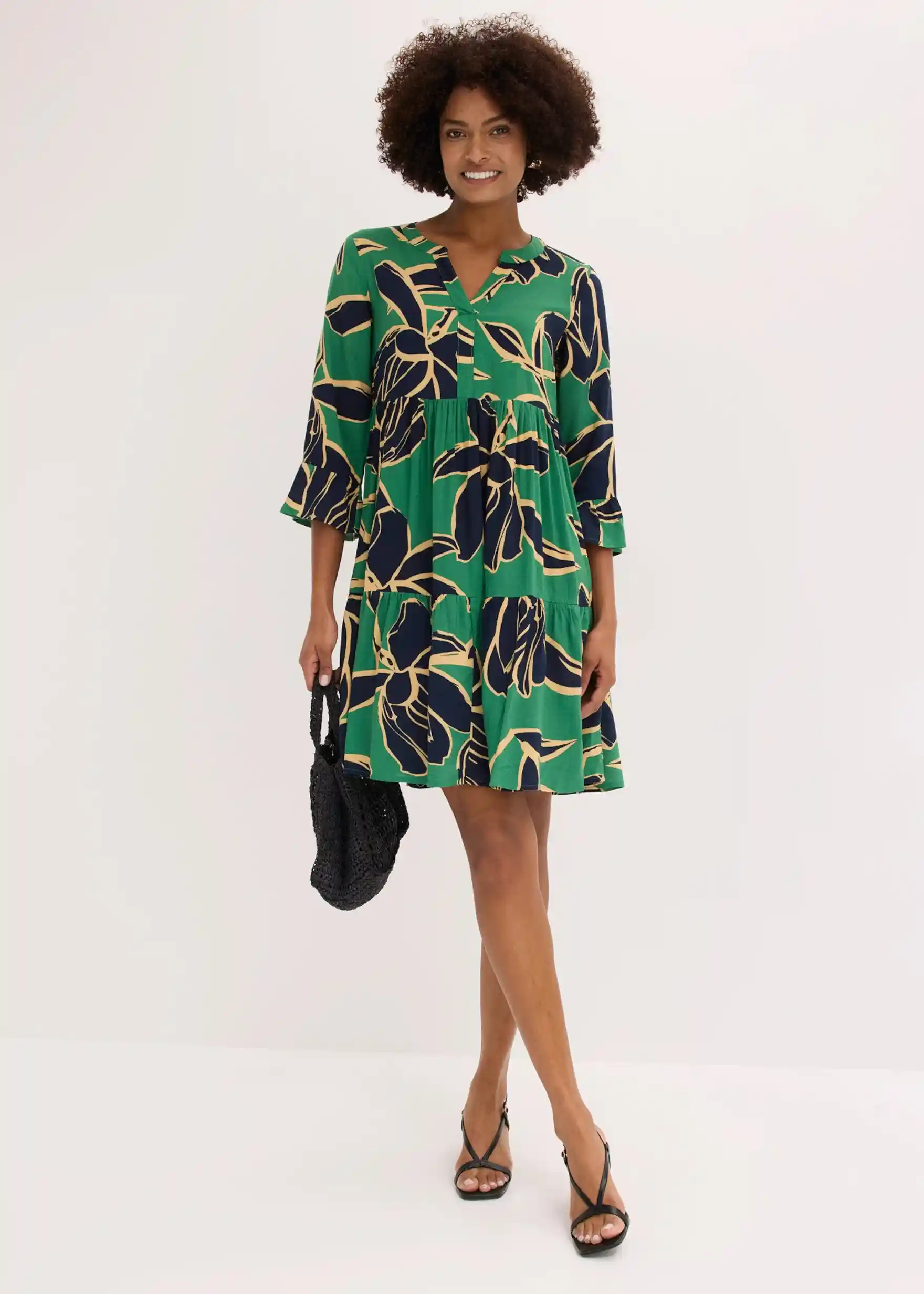 Tunika-Kleid aus fließender Viskose - opalgrün / dunkelblau floral