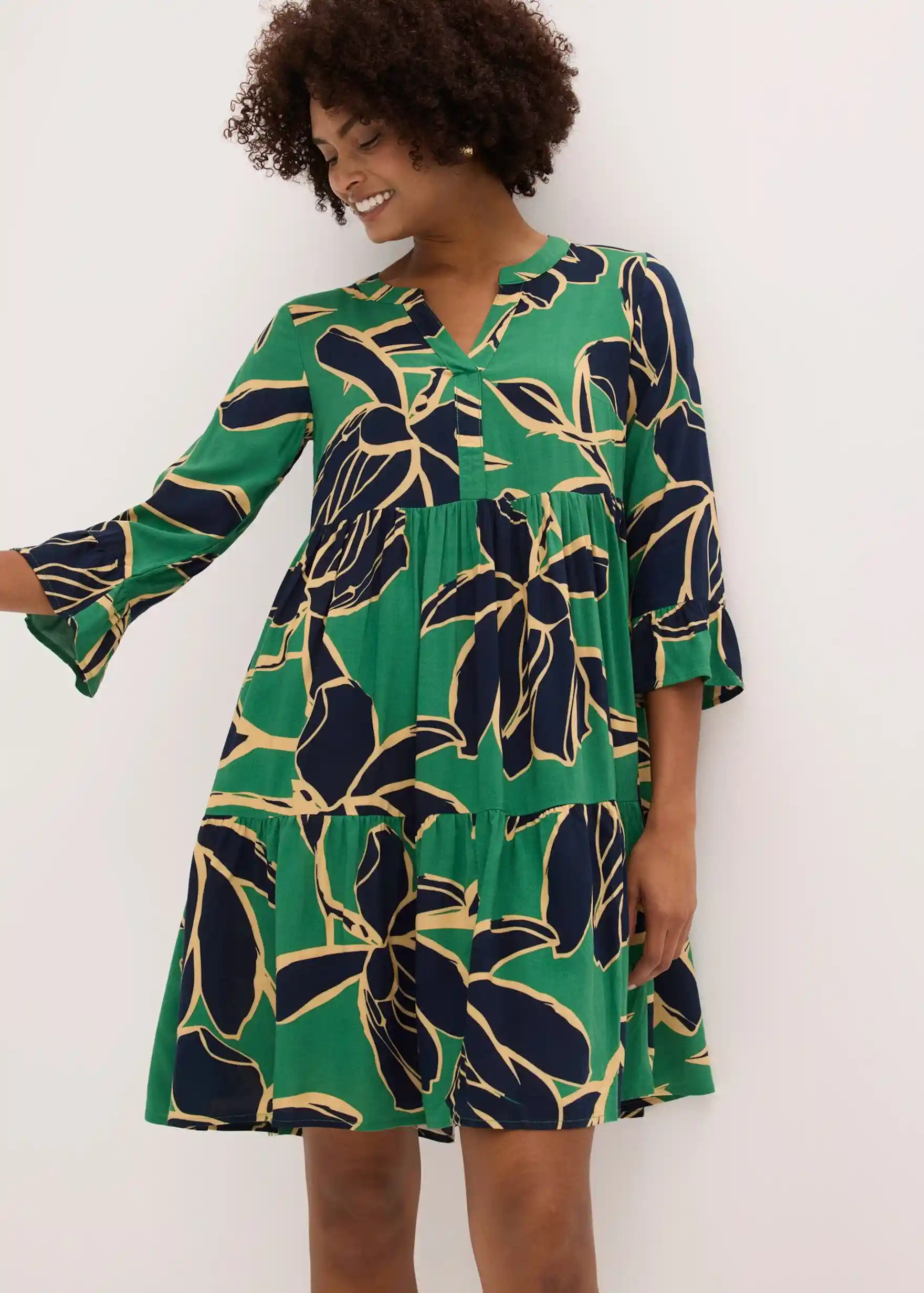 Tunika-Kleid aus fließender Viskose - opalgrün / dunkelblau floral