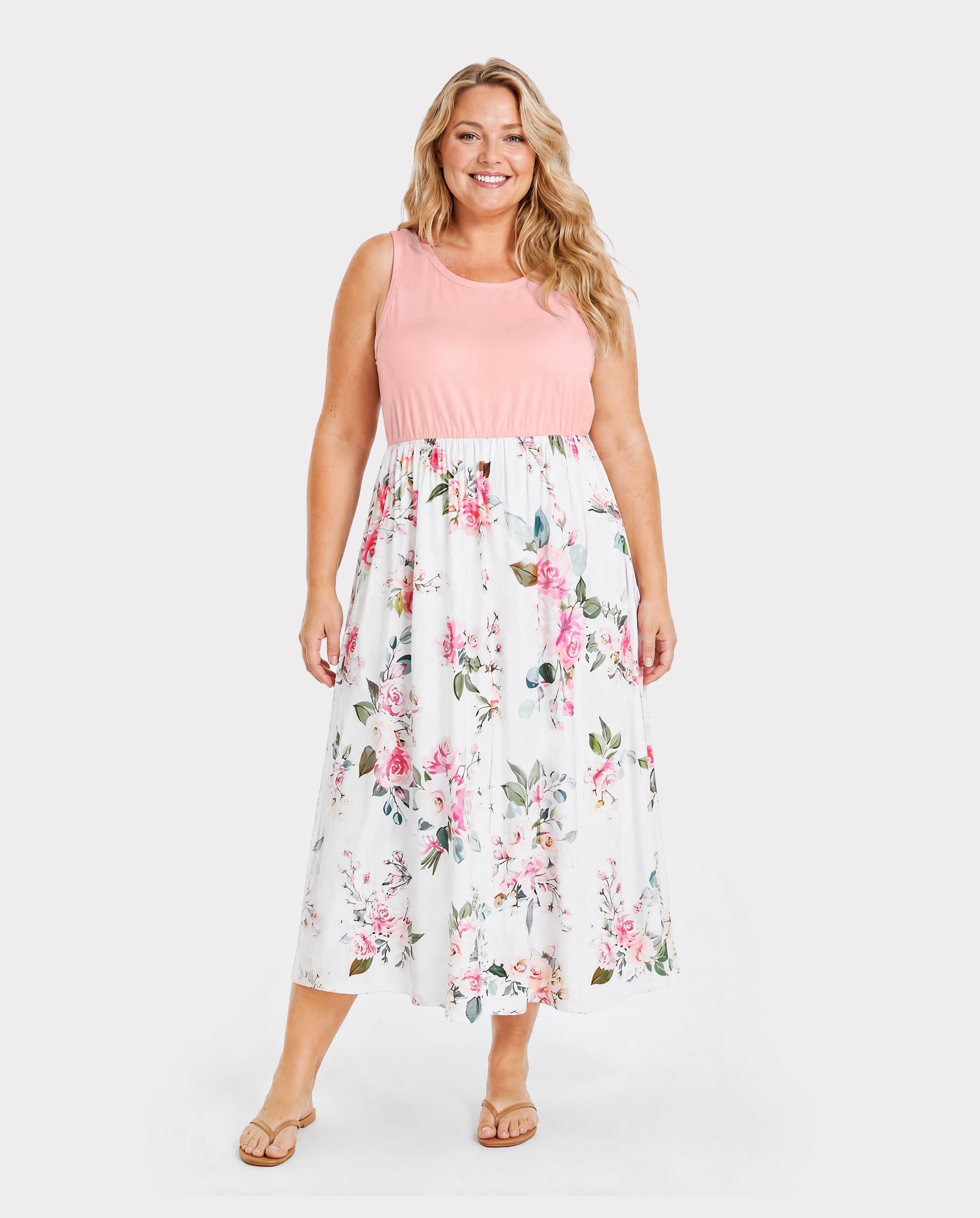 Family Matching Pink Sleeveless Splicing Floral Print Midi Dresses and Colorblock Short-sleeve Polo Shirts Sets Pink