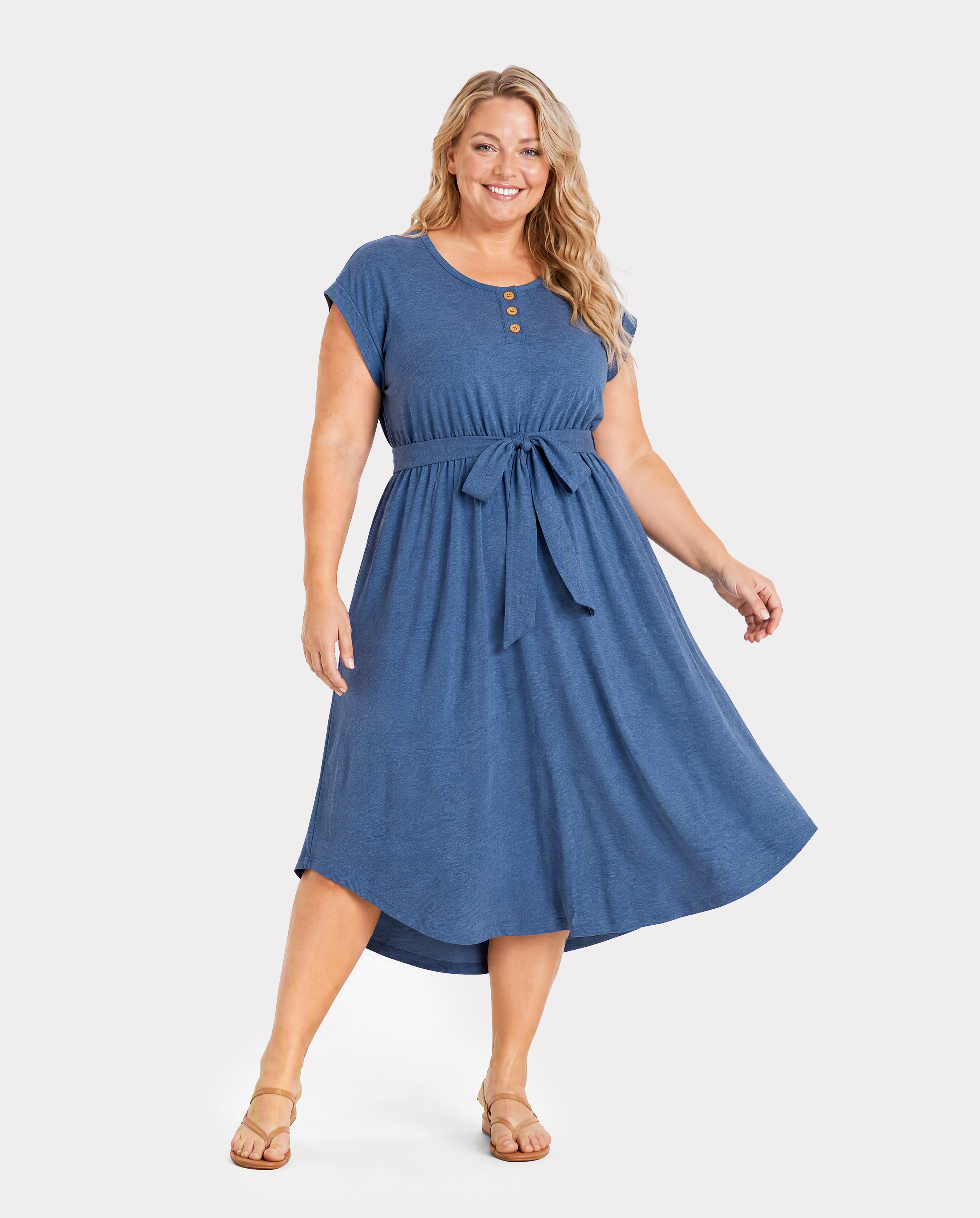 Family Matching Soft Casual Outfit with Below Knee Dresses, Front Buttons, Belted Design Blue