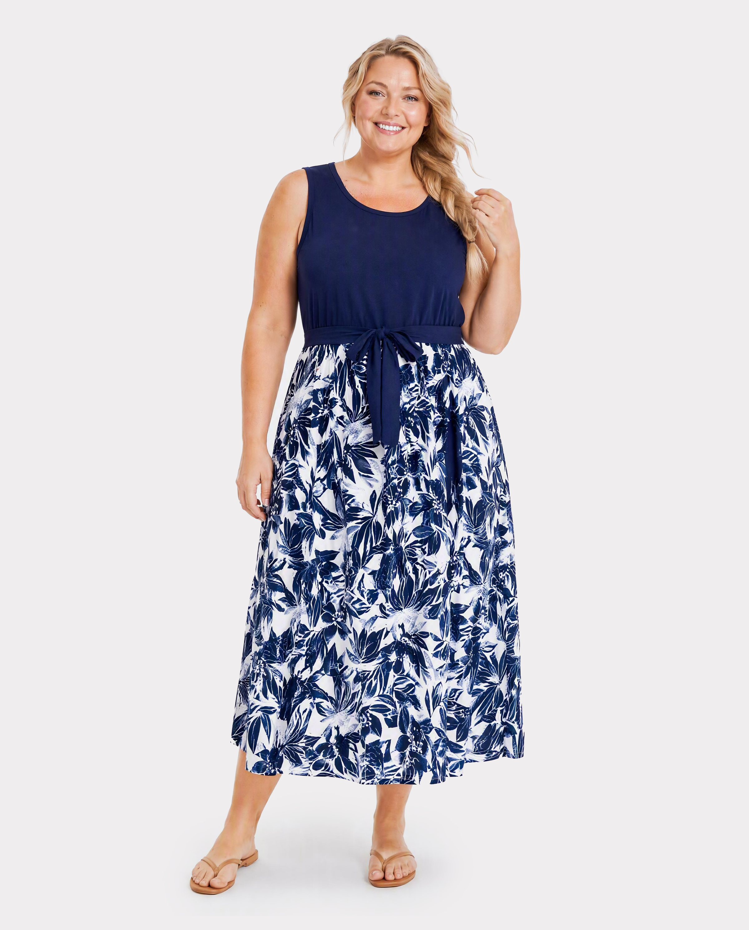Family Matching Cotton Tee Flora Print Splicing Shirt or Tank Dress Deep Blue