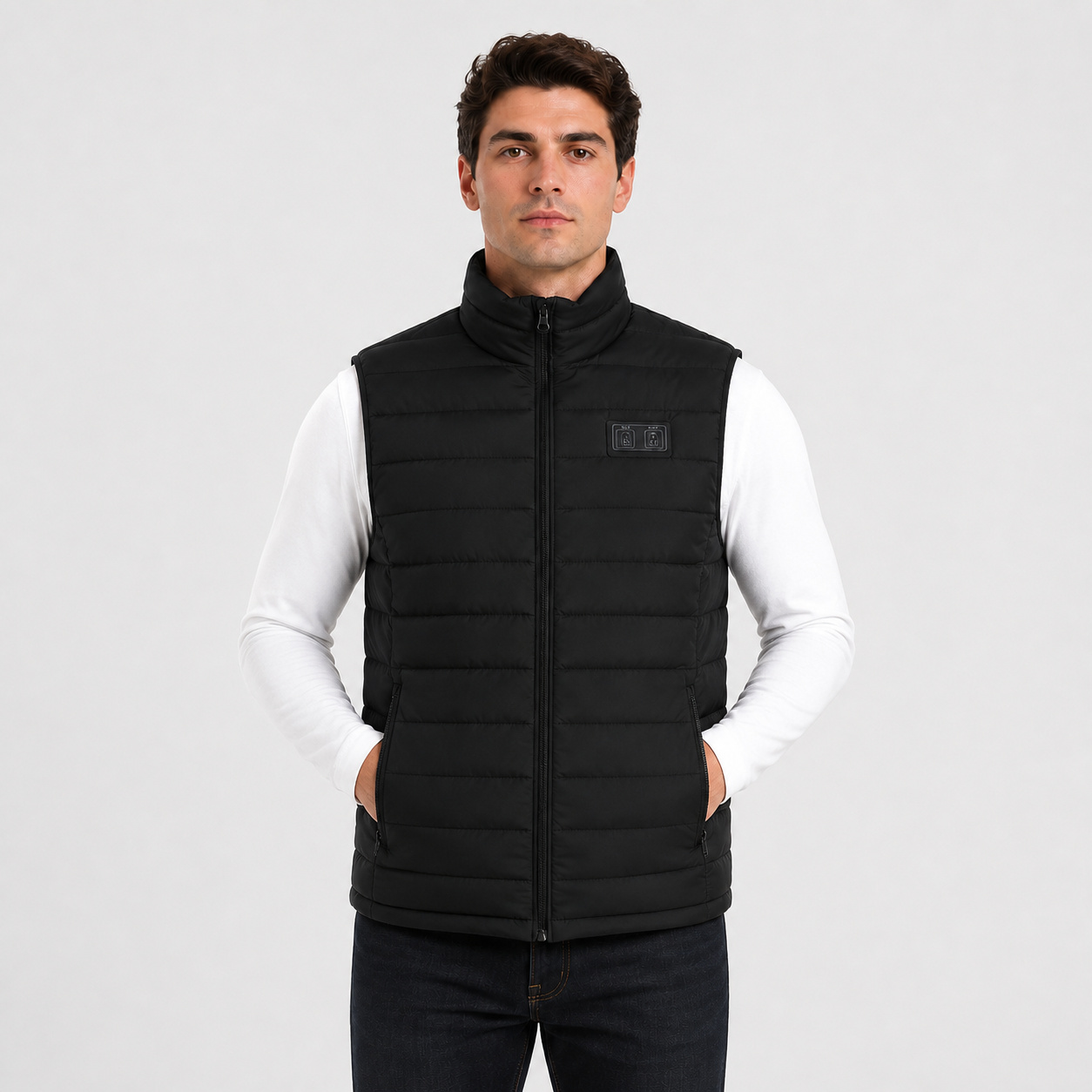 Second front pose of a male model wearing the black heated vest.