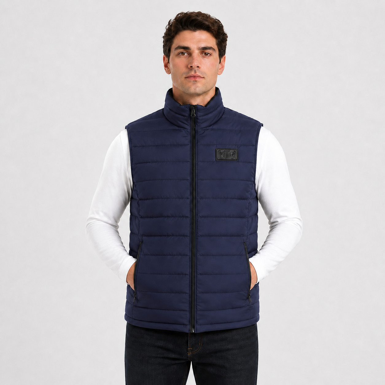 Second front pose of a male model wearing the blue heated vest.