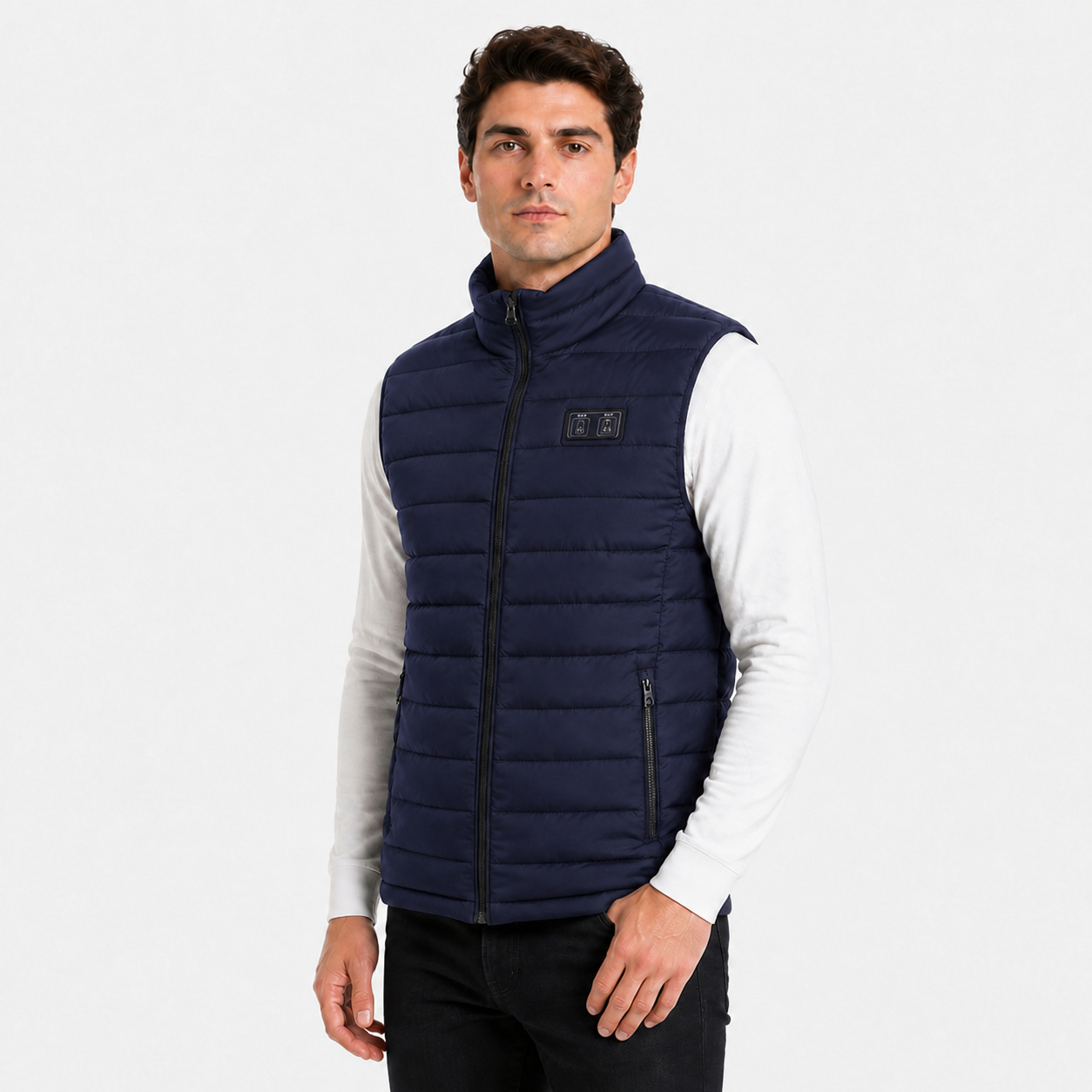 Three-quarter view of a male model wearing the blue heated vest.