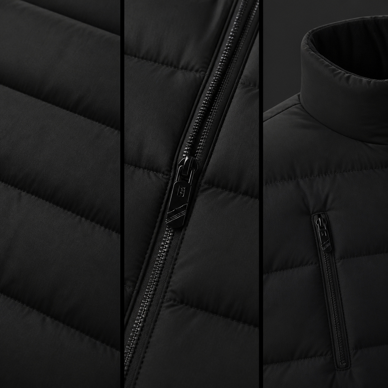 Close-up details of the black heated vest zipper, pocket and stand collar.